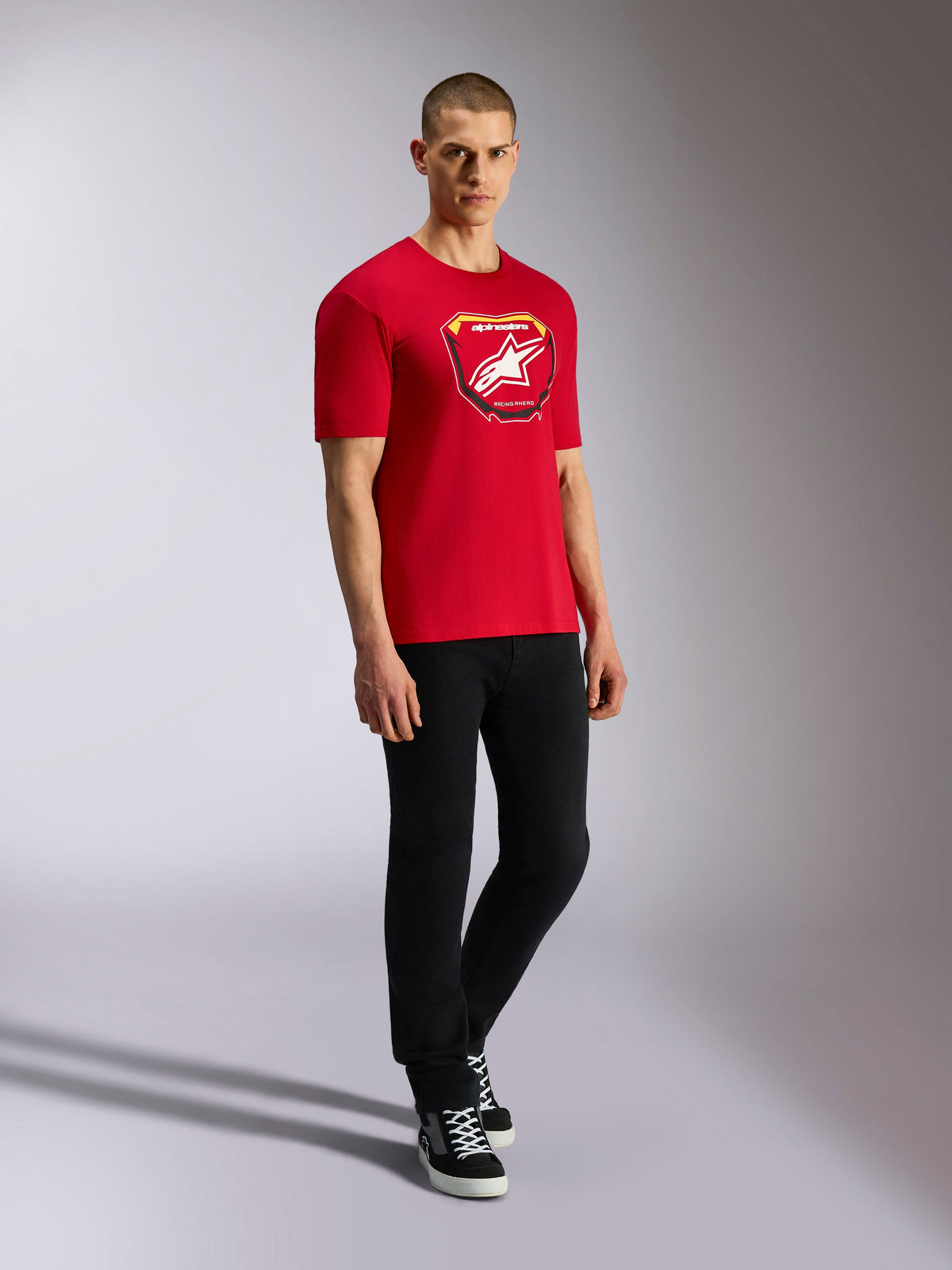 Alpinestars Plate CSF Tee, Short Sleeve T-Shirt, Red, Front Astars MX plate graphic with white star logo, worn by model with black pants, casual motorsport streetwear