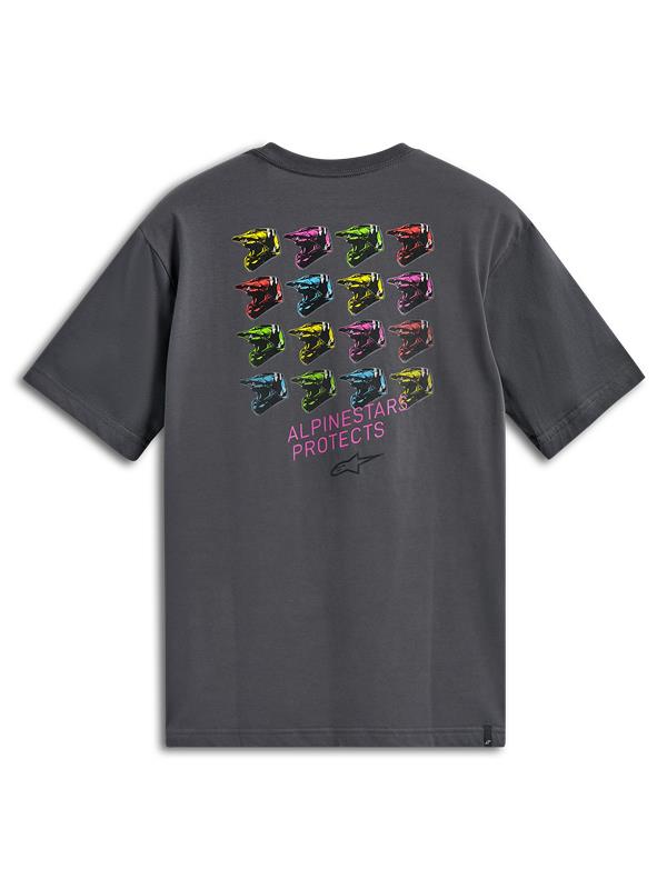 Alpinestars Pop Helmet CSF Tee, kurzärmeliges T-Shirt, Anthrazitgrau, Rückengrafik mit bunter M10-Helm-Grafik und Alpinestars Protects-Logo, lässige Motorsport-Sportbekleidung