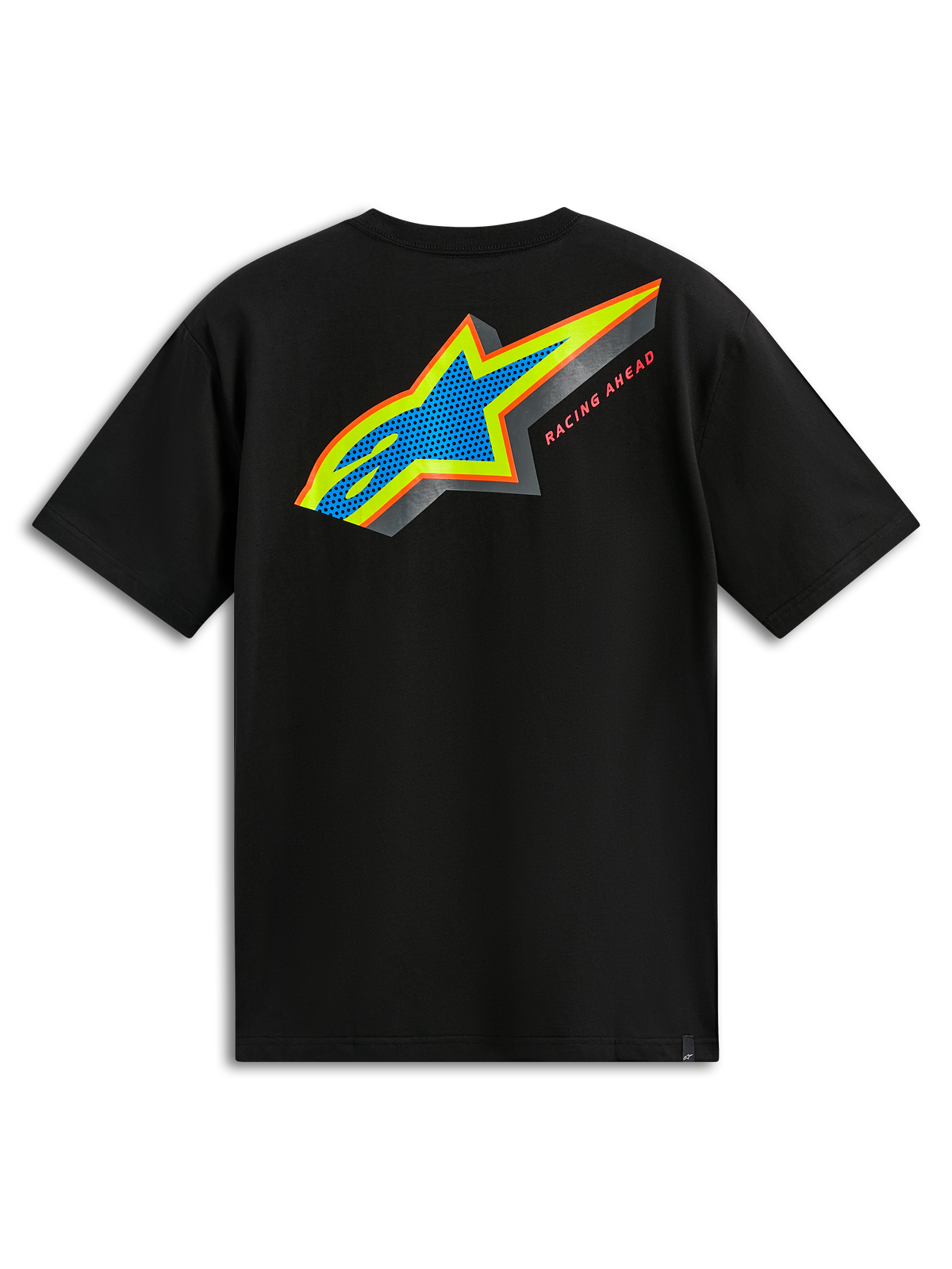 Alpinestars Angler CSF Tee, Kurzarm-T-Shirt, Schwarz, Rückansicht mit mehrfarbigem Astars-Logo mit blau perforierter Füllung und „Racing Ahead“-Schriftzug, lässige Motorsport-Streetwear