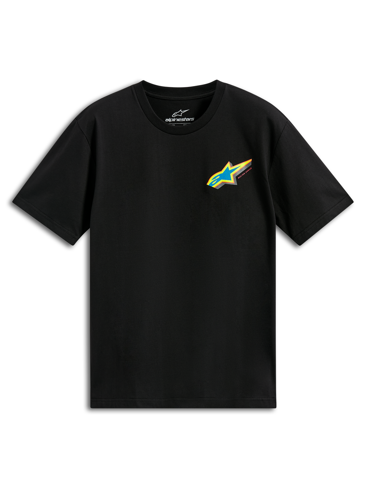 Alpinestars Angler CSF T-Shirt, Kurzärmeliges T-Shirt, Schwarz, lebendiges mehrfarbiges Astars-Logo mit blauem Stern und gelbem Rand auf der Brust, lässige Motorsport-Streetwear