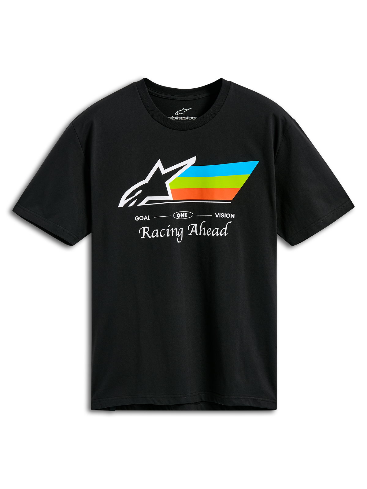 Alpinestars Trifecta CSF Tee, Kurzarm-T-Shirt, Schwarz, mit weißem Astars-Logo und Streifen in Cyan, Grün und Orange, „Racing Ahead“-Schriftzug, Casual Motorsport Sportswear