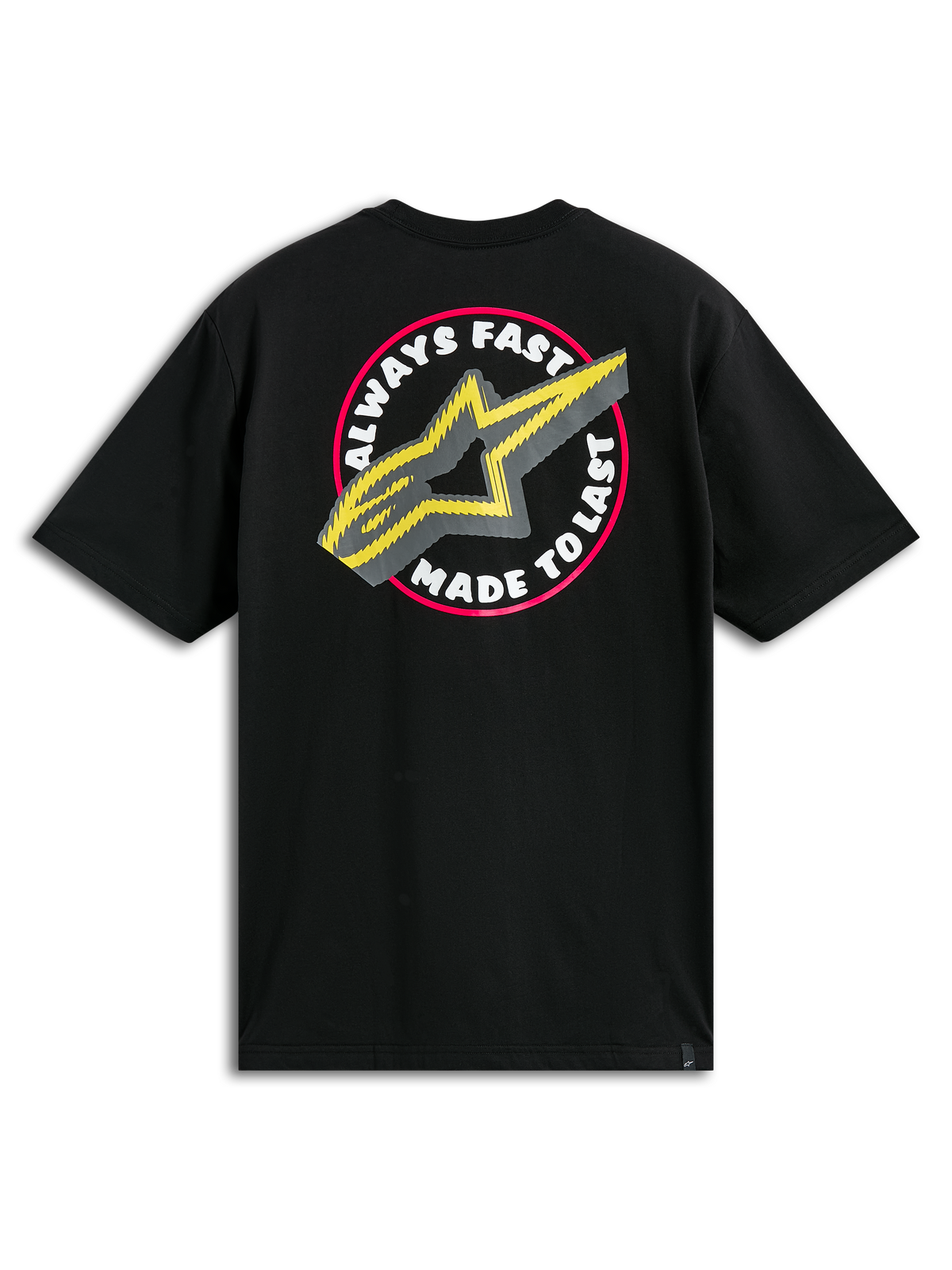 Alpinestars Aorbit CSF Tee, Kurzarm-T-Shirt, Schwarz, große kreisförmige Rückengrafik mit „Always Fast Made to Last“-Schriftzug und gelbem A-Star-Logo, lässige Motorsport-Streetwear