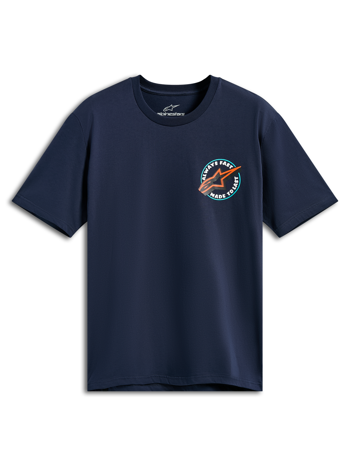 Alpinestars Aorbit CSF Tee, kurzärmeliges T-Shirt, Marineblau, kreisförmige Brustgrafik mit orangem Astars-Logo und „Always Fast Made to Last“-Schriftzug, lässige Motorsport-Sportbekleidung