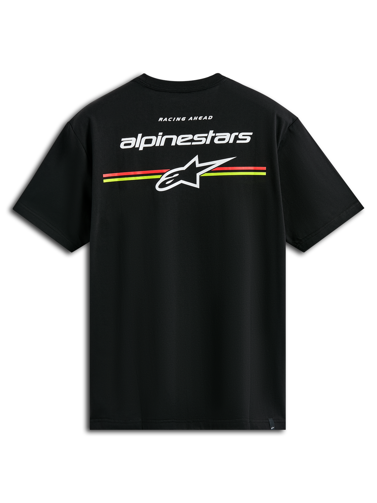Alpinestars Lanes CSF Tee, Short Sleeve T-Shirt, Black, White Alpinestars and Astars logos with orange and yellow horizontal stripes on the back, Casual Motorsport Streetwear