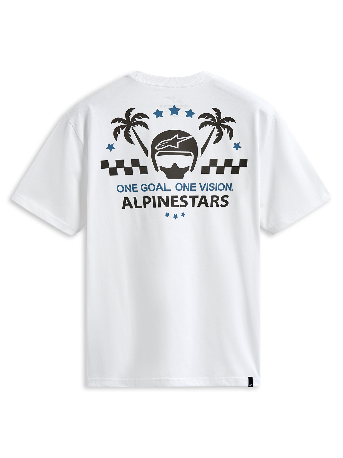 Alpinestars Order CSF Tee, kurzärmeliges T-Shirt, Weiß, Rückengrafik mit Helm und Palmen, „One Goal One Vision“-Schriftzug, lässige Motorsport-Streetwear