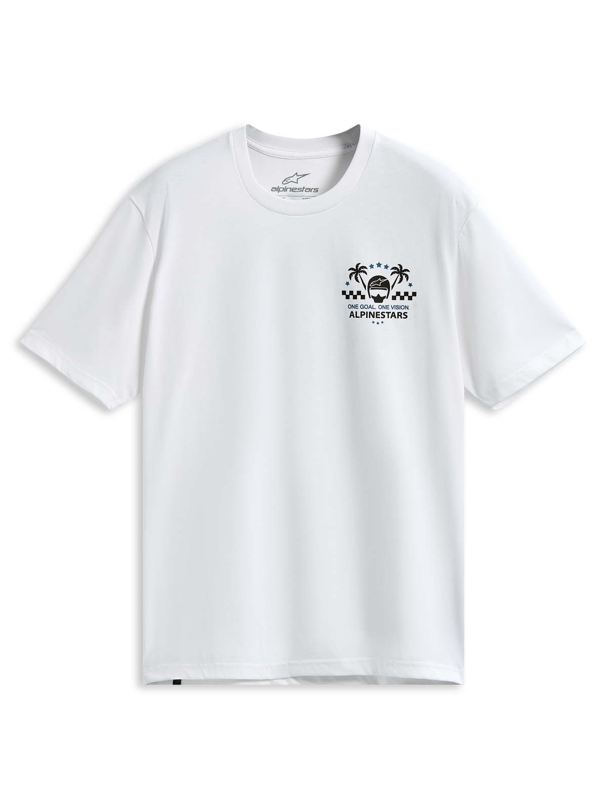 Alpinestars Order CSF T-Shirt, kurzärmeliges T-Shirt, Weiß, Brustgrafik mit Palmen und Rennhelm, 'One Goal One Vision' Schriftzug, lässige Motorsport-Sportbekleidung