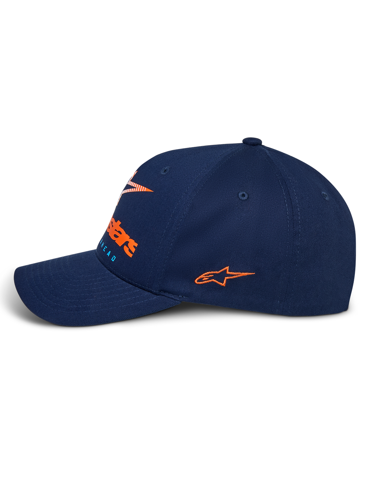 Alpinestars Instinct Hat, Navy Blue sportswear hat, side profile view featuring curved bill, orange embroidered side logo, front logo with orange gradient print, structured twill fabric crown