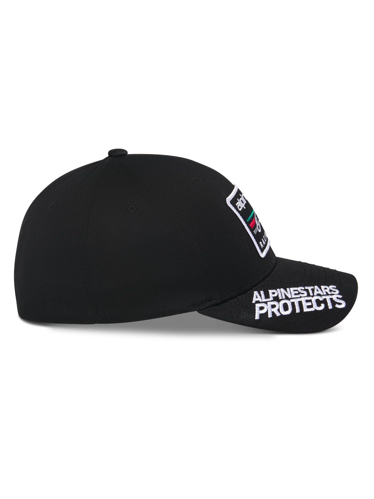 Alpinestars Surpass Hat, Black, side profile view, curved bill with white 'ALPINESTARS PROTECTS' embroidery, structured crown with front logo patch, casual motorsport-inspired headwear