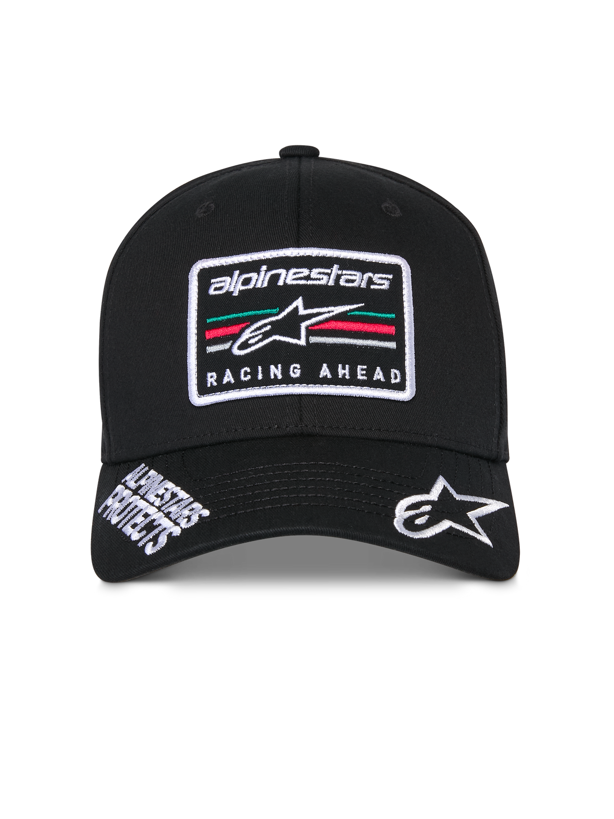 Alpinestars Surpass Kappe, schwarze strukturierte Baseballkappe, gebogener Schirm mit weiß gesticktem Astars-Logo und 'Alpinestars Protects'-Schriftzug, 'Racing Ahead'-Logo-Patch vorne mit mehrfarbigen Streifen, lässige vom Motorsport inspirierte Kopfbedeckung