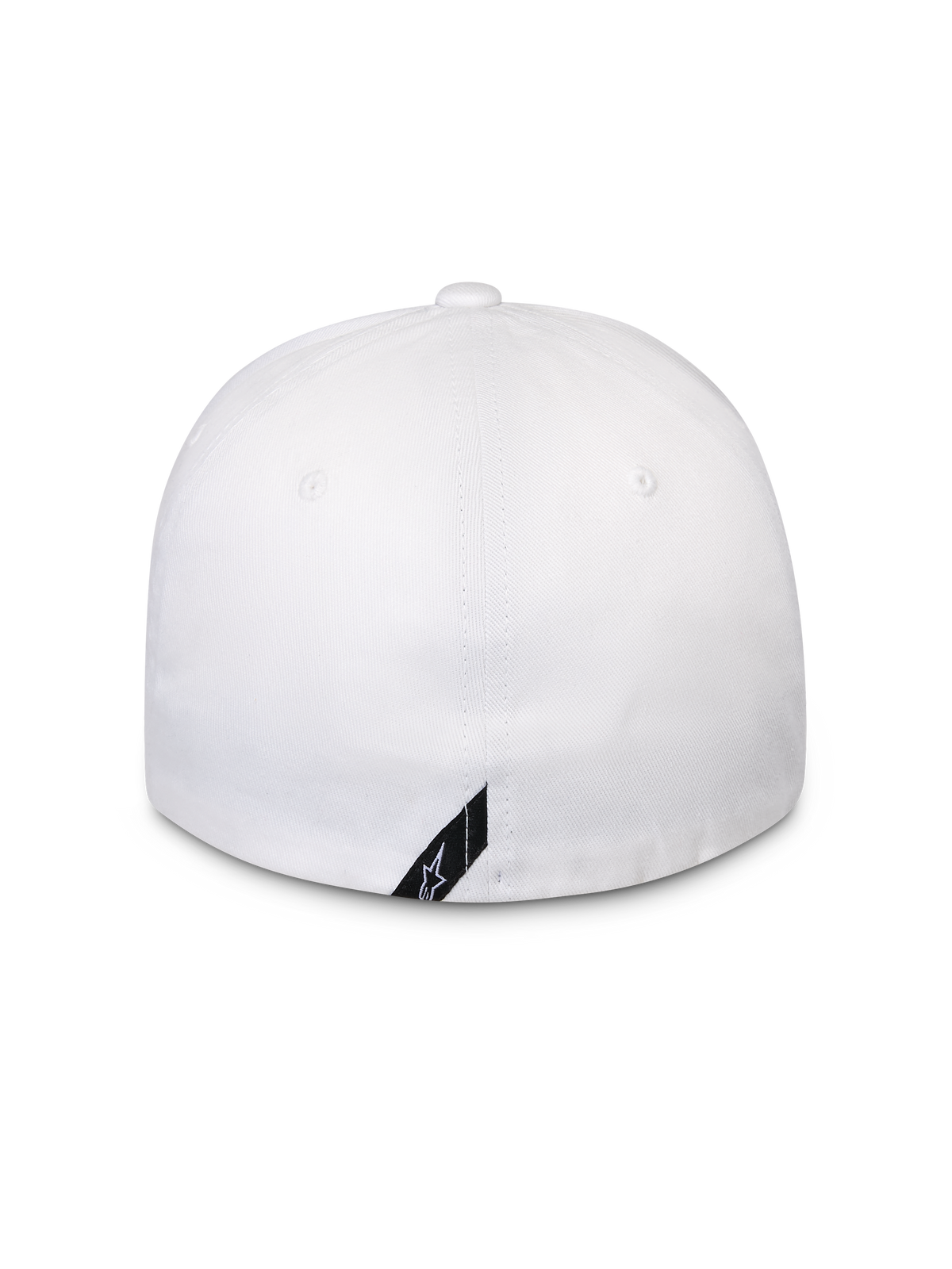 Alpinestars Surpass Hat, White, back view of flex-back baseball cap, structured crown, featuring a small black diagonal Alpinestars logo tag at the bottom edge, casual sportswear