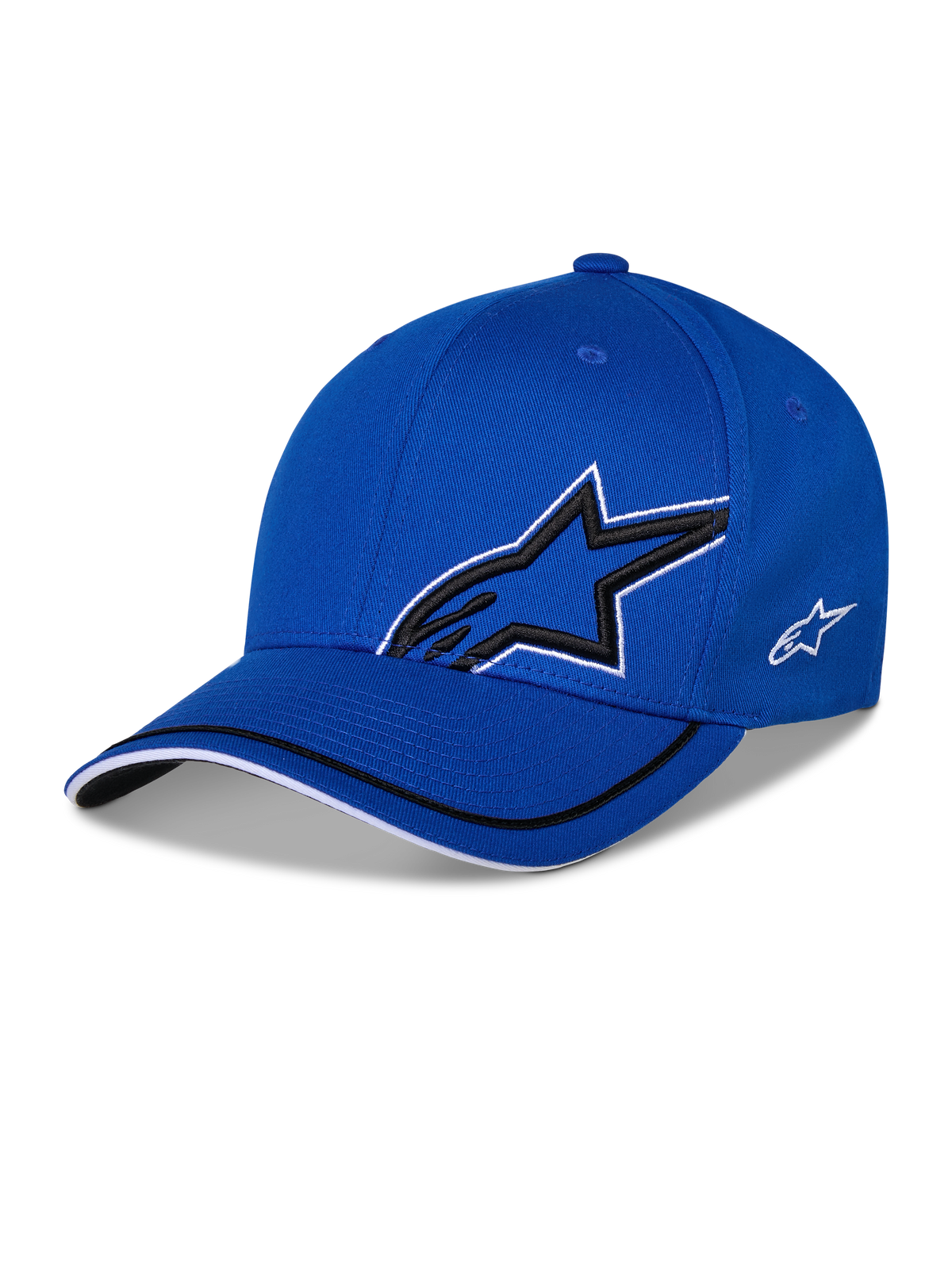Alpinestars Corp Shift Relay Cap, blaue strukturierte Baseball-Cap, mit großem schwarzem 3D-Astars-Sternlogo mit weißer Umrandung, kleinem weißen seitlichen Logo und gebogenem Schirm mit schwarz-weißen Besatz-Details