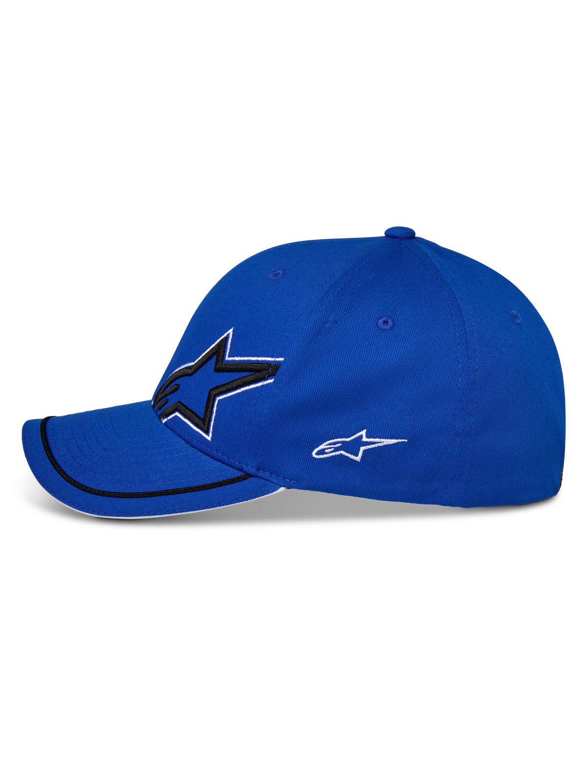 Alpinestars Corp Shift Relay Mütze, Blau, Seitenansicht, gebogener Schirm mit schwarzem Sutache-Besatz und weißem Sandwich-Rand, großes 3D-Astars-Logo auf der Vorderseite und kleineres weißes Logo an der Seite, lässige Sport-Mütze