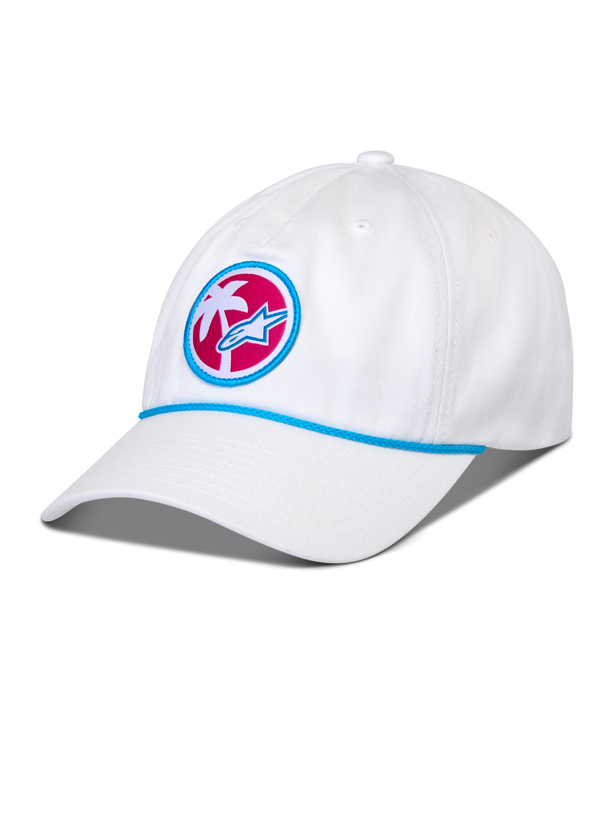 Alpinestars Calipalm Strapback Hat, White, curved bill with blue rope detail, circular front patch featuring a white palm tree and blue Astars logo on a pink background, casual sportswear headwear
