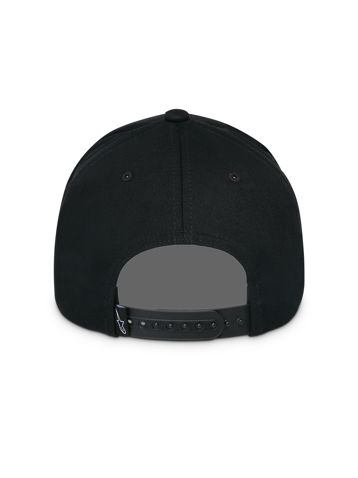 Alpinestars Lucid Snapback Kappe, Schwarz, Rückansicht, mit verstellbarem Snapback-Verschluss und kleinem Astars-Logo-Etikett, strukturierte Krone, lässige vom Motorsport inspirierte Kopfbedeckung