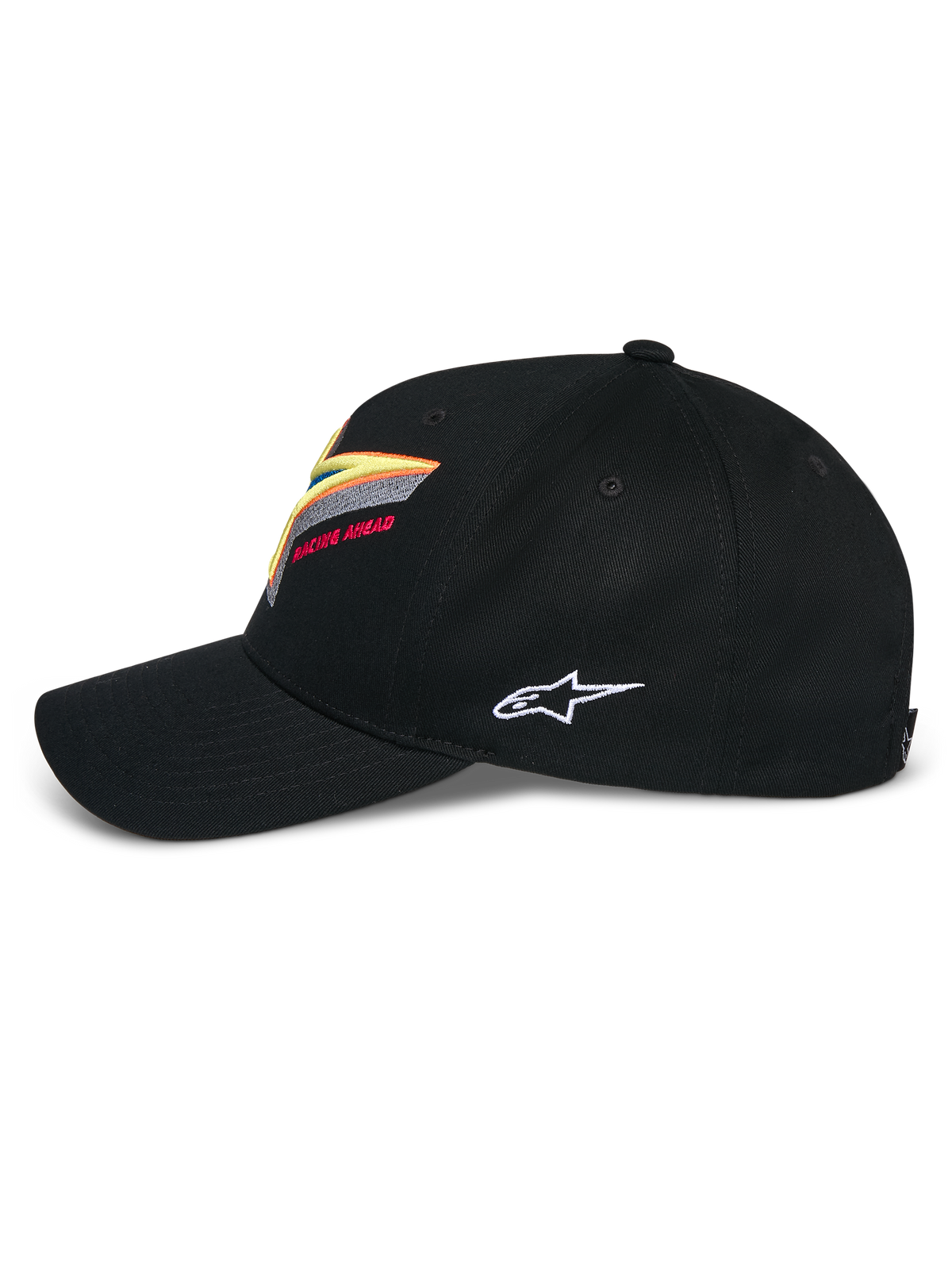 Alpinestars Lucid Snapback Kappe, Schwarz, strukturierte Krone mit gebogenem Schirm, lebhafte mehrfarbige Astars-Logo-Stickerei vorne, weißes Seitenlogo, lässige vom Motorsport inspirierte Sportbekleidung