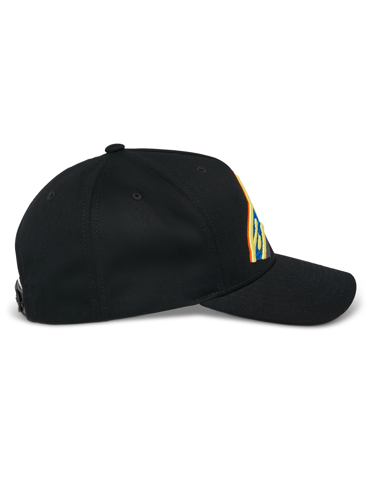 Alpinestars Lucid Snapback Kappe, Schwarz, Seitenansicht, gebogener Schirm mit strukturierter Krone, lebhafte mehrfarbige Logo-Stickerei, 100 % Baumwoll-Twill-Gewebe.