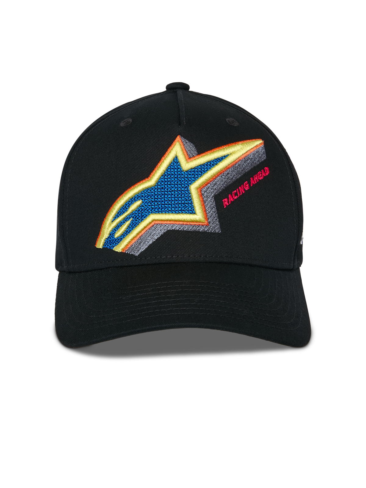 Alpinestars Lucid Snapback Kappe, Schwarz, Vorderansicht mit lebhafter, mehrfarbiger Astars-Logo-Stickerei und „Racing Ahead“-Schriftzug, gebogener Schirm und strukturierte Krone, lässige Sportbekleidung