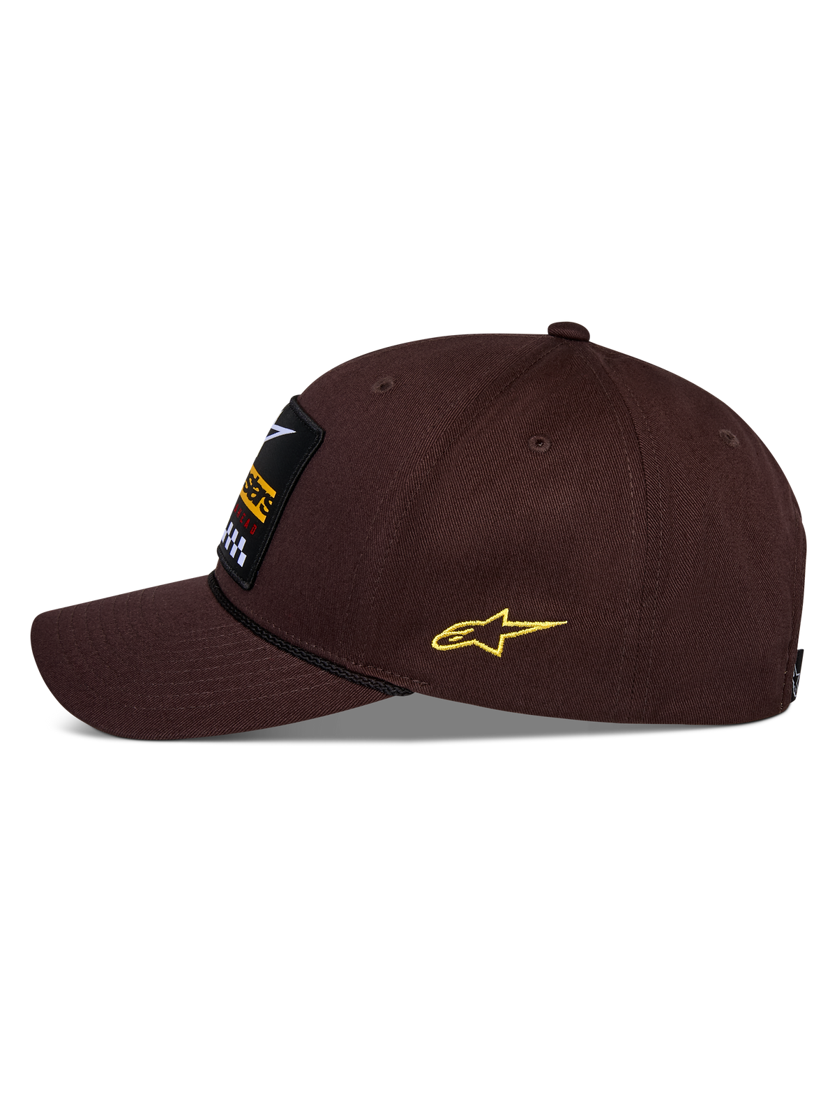 Alpinestars Matrix Snapback Hat, Brown, side view, curved bill with black rope detail, front embroidery patch, yellow side Astars logo, structured cotton twill construction, casual motorsport headwear