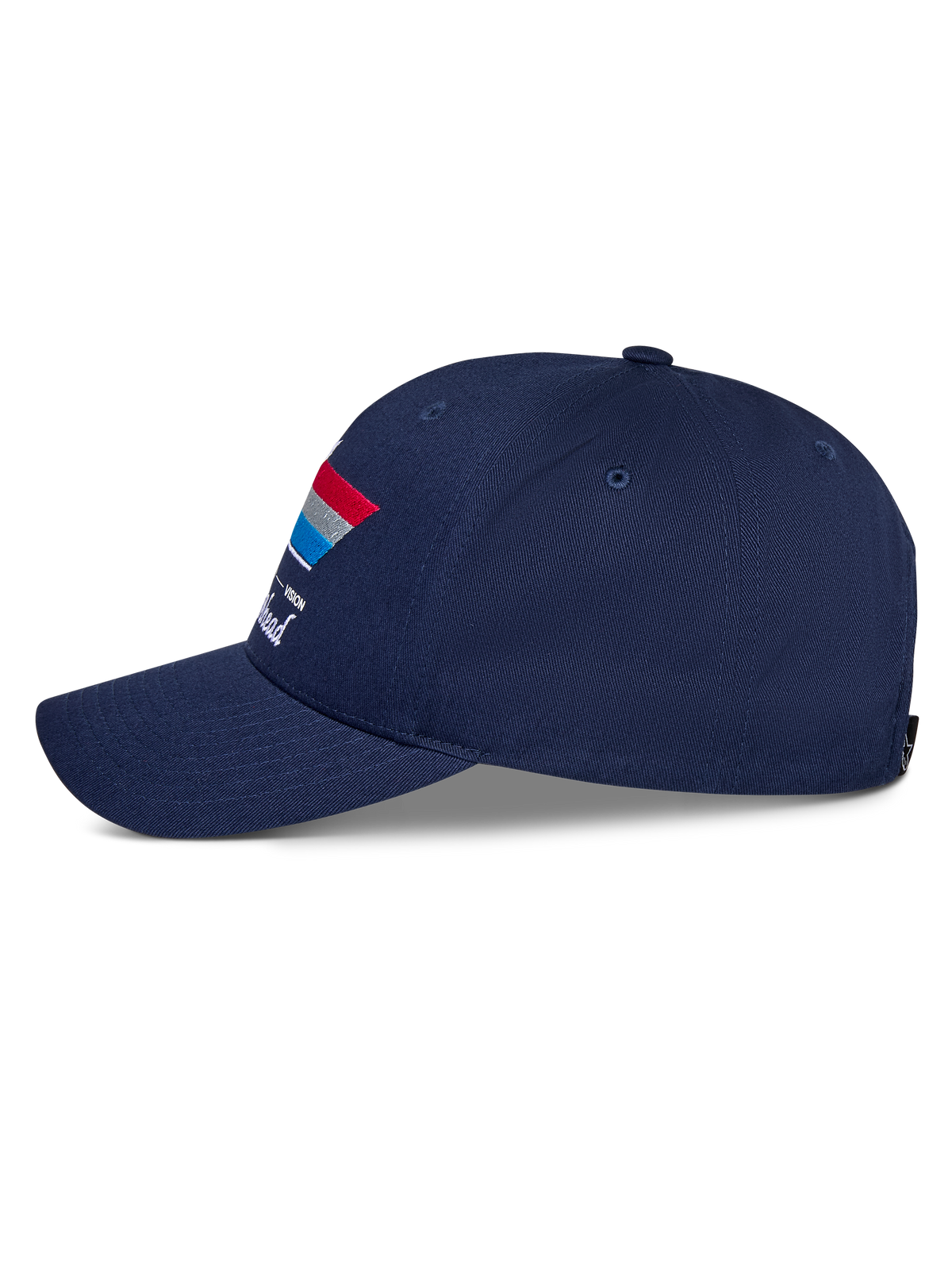 Alpinestars Trifecta Snapback Kappe, Navyblau, Seitenansicht, mit gebogenem Schirm und dreifarbiger Streifengrafik mit weißem Text, lässige Motorsport-Kopfbedeckung