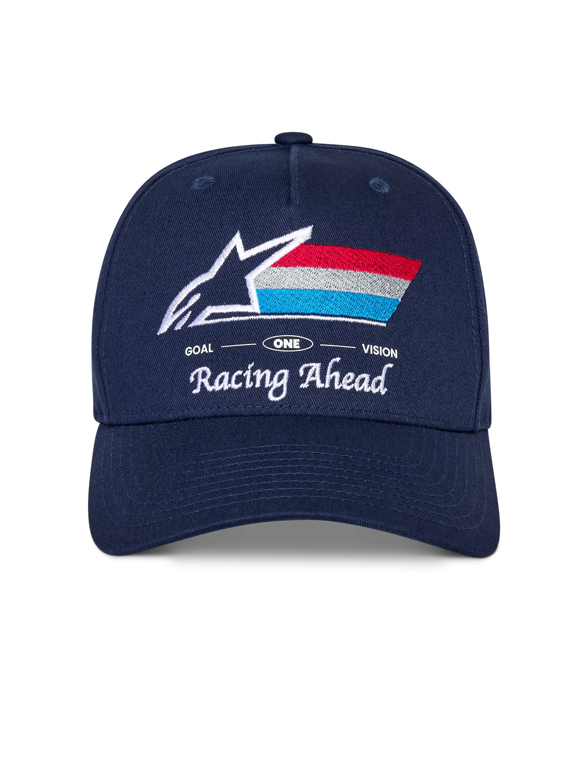 Alpinestars Trifecta Snapback Kappe, navyblaue Mütze mit gebogenem Schirm, gesticktes Frontlogo mit weißem Stern und dreifarbigen Streifen, weißer „Racing Ahead“ und „Goal One Vision“ Schriftzug, strukturierte Krone, lässige vom Motorsport inspirierte Kopfbedeckung