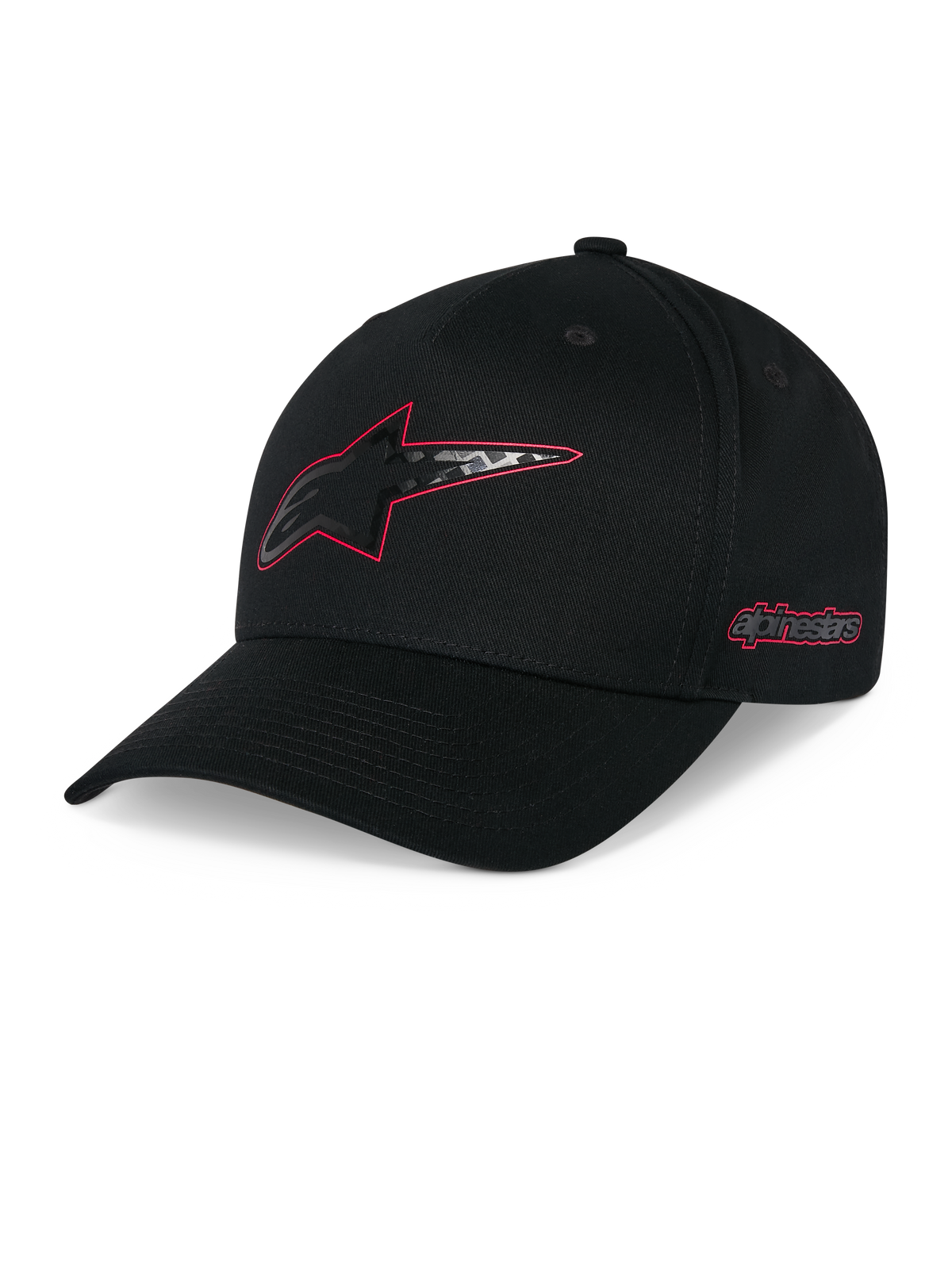 Alpinestars Carbon Fiber Snapback Kappe, Schwarz, gebogener Schirm mit strukturierter Krone, Astars-Logo vorne mit roter Umrandung und Carbonfaser-Optik, seitlicher Alpinestars-Schriftzug in Rot, lässige Motorsport-Kopfbedeckung