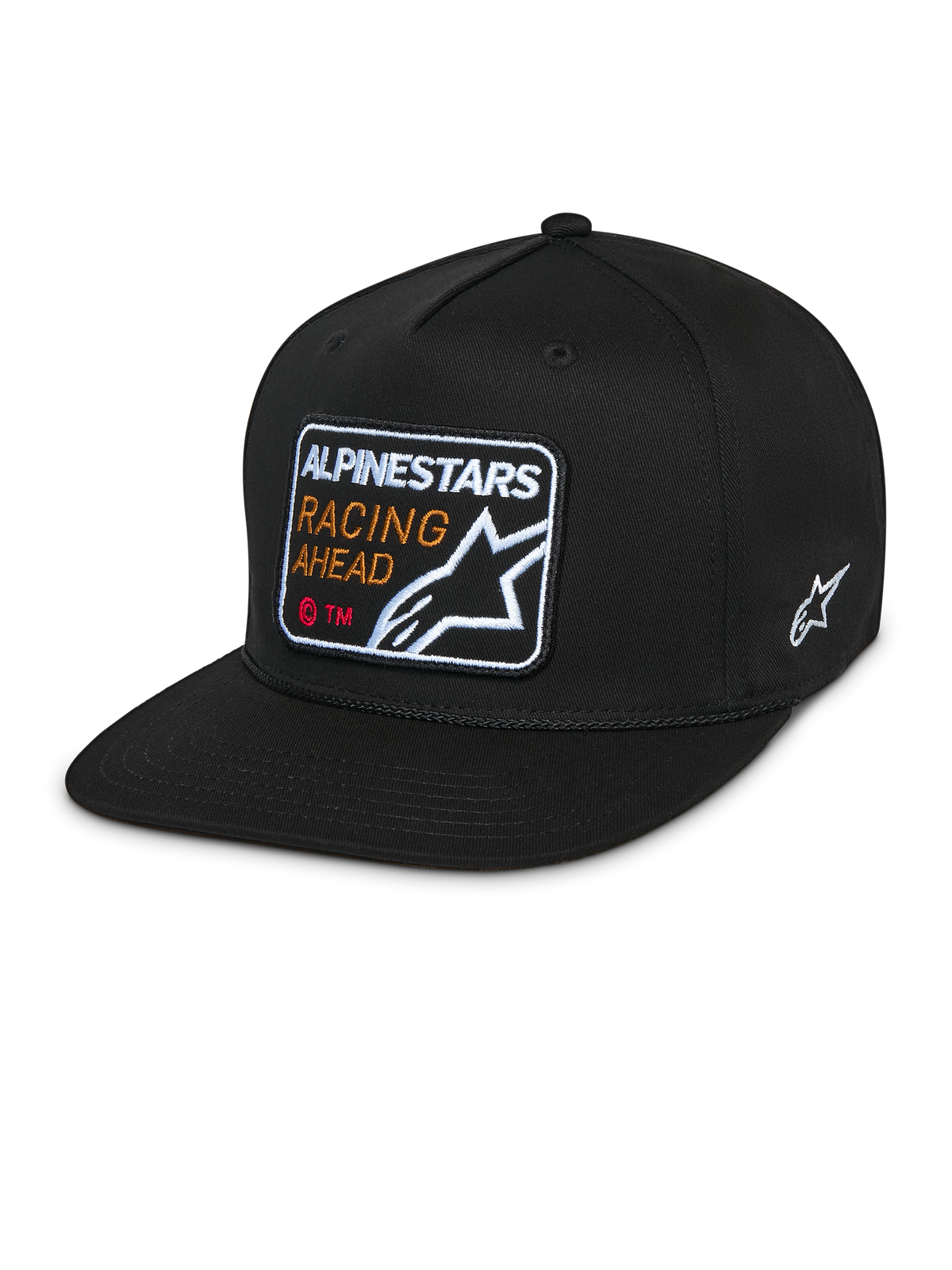 Alpinestars Intuitive Snapback Kappe, Schwarz, flacher Schirm mit strukturierter Krone, vorderes Stickerei-Patch mit „Alpinestars Racing Ahead“ und Logo, seitliches weißes Astars-Logo, lässige Twill-Kopfbedeckung