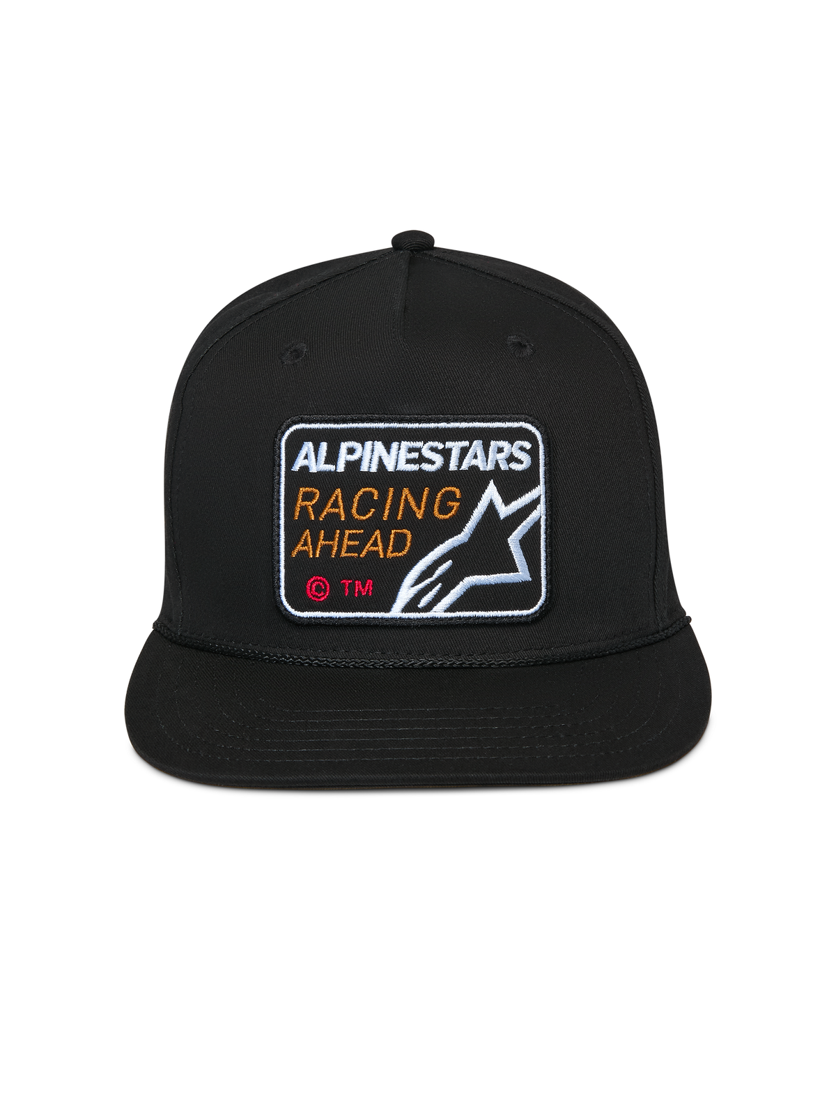 Alpinestars Intuitive Snapback-Kappe, Schwarz, Bestickter Alpinestars Racing Ahead Aufnäher vorne, Flacher Schirm mit strukturierter Krone, Lässige Motorsport-Kopfbedeckung