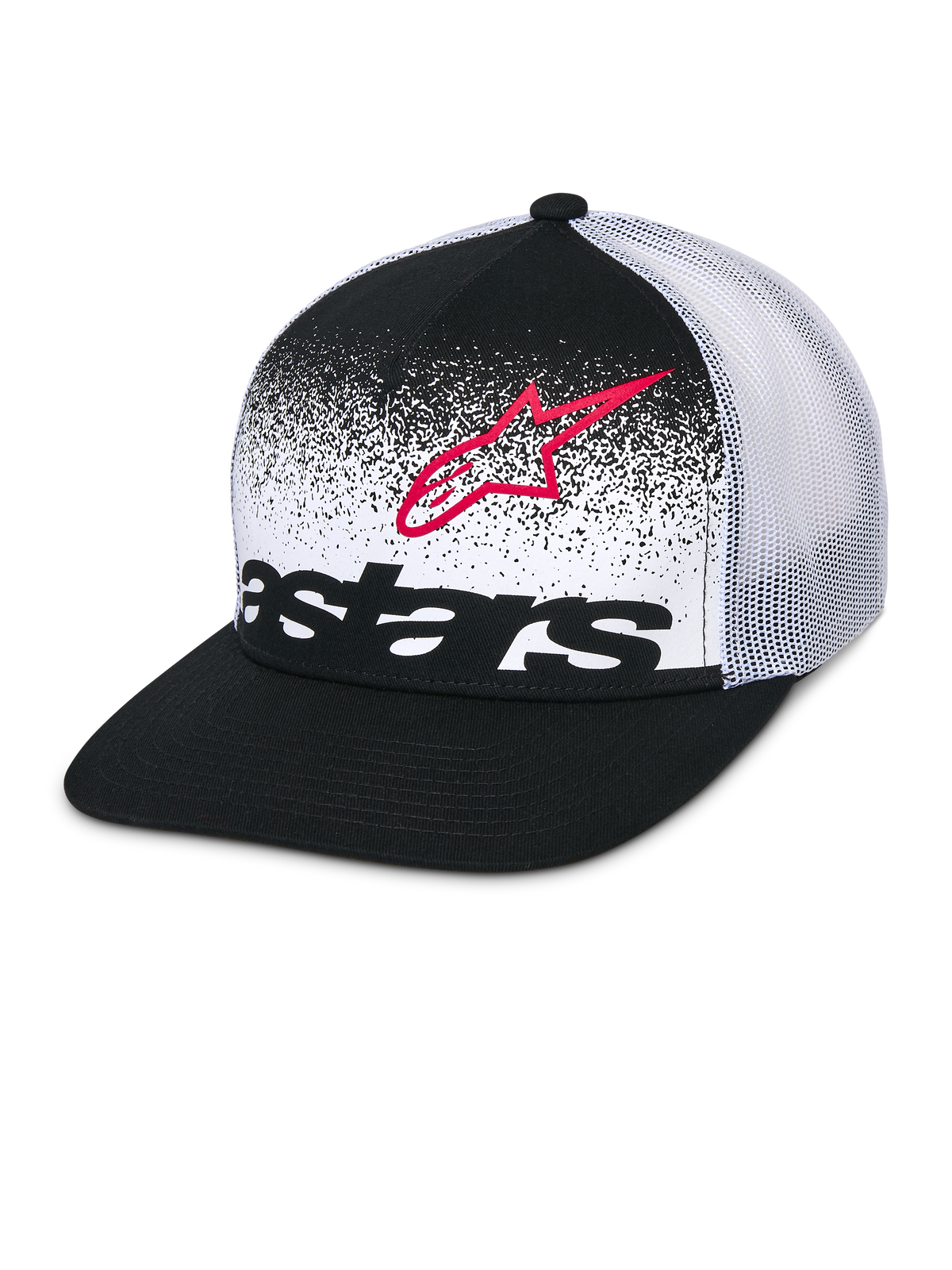 Alpinestars Component Trucker Mütze, Schwarz und Weiß, flacher Schirm mit strukturierter Krone, atmungsaktive weiße Mesh-Rückseite, Frontpanel mit roter Astars-Logo-Kontur und schwarzem Wortlogo mit MX-Gradations-Design, lässige Motorsport-Kopfbedeckung