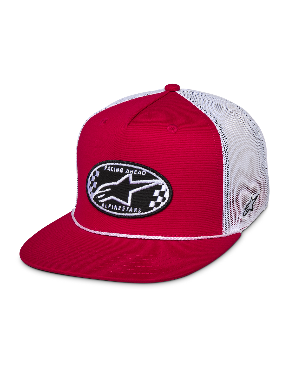 Alpinestars Contender Trucker-Mütze, Rot und Weiß, Snapback mit flachem Schirm, ovaler Astars-Stickaufnäher mit Schachbrettmuster auf der Vorderseite, weiße Poly-Mesh-Rückseite, lässige Motorsport-Streetwear