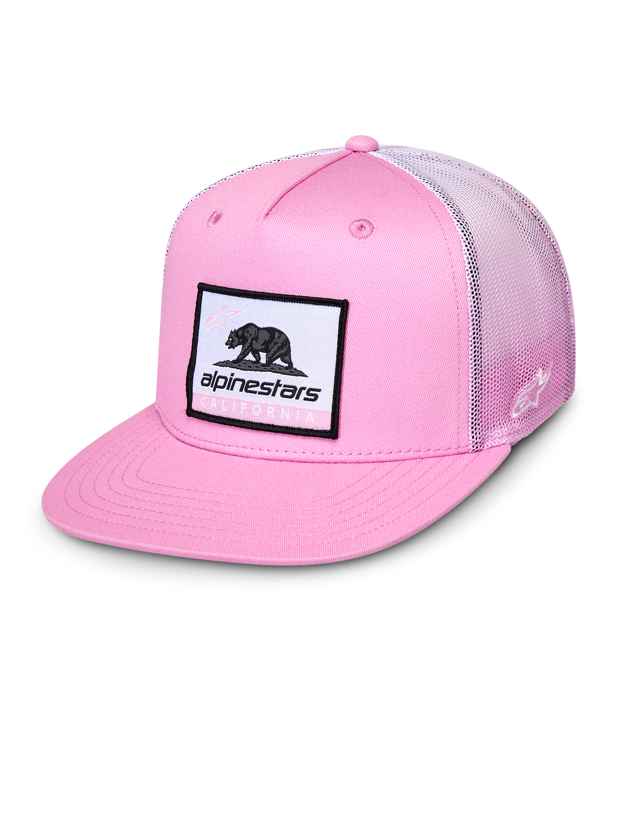 Alpinestars Cali Gradient Trucker Hat, Pink und Weiß, Cap mit flachem Schirm und gewebtem Cali Bear Patch, pinke Twill-Vorderseite und Mesh-Rückseite mit Farbverlauf, lässige Sportswear-Kopfbedeckung