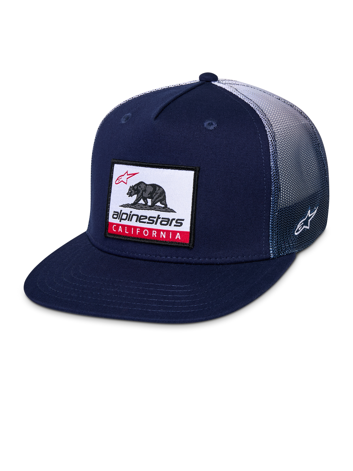 Alpinestars Cali Gradient Trucker Hat, Snapback-Cap, Navy-Blau und Weiß, mit flachem Schirm, gewebtem California-Bär-Patch auf der Vorderseite, Poly-Mesh-Rückseite mit Farbverlauf und seitlicher Astars-Logo-Stickerei