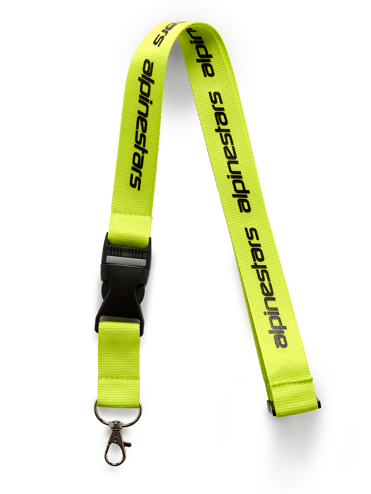 Alpinestars Linear Schlüsselband, Neongelb mit schwarzem Logo-Aufdruck, schwarzer Sicherheitsverschluss aus Kunststoff und Metalldrehclip, 20-Zoll-Nackenriemen aus Polyester, Motorsport-inspiriertes Accessoire
