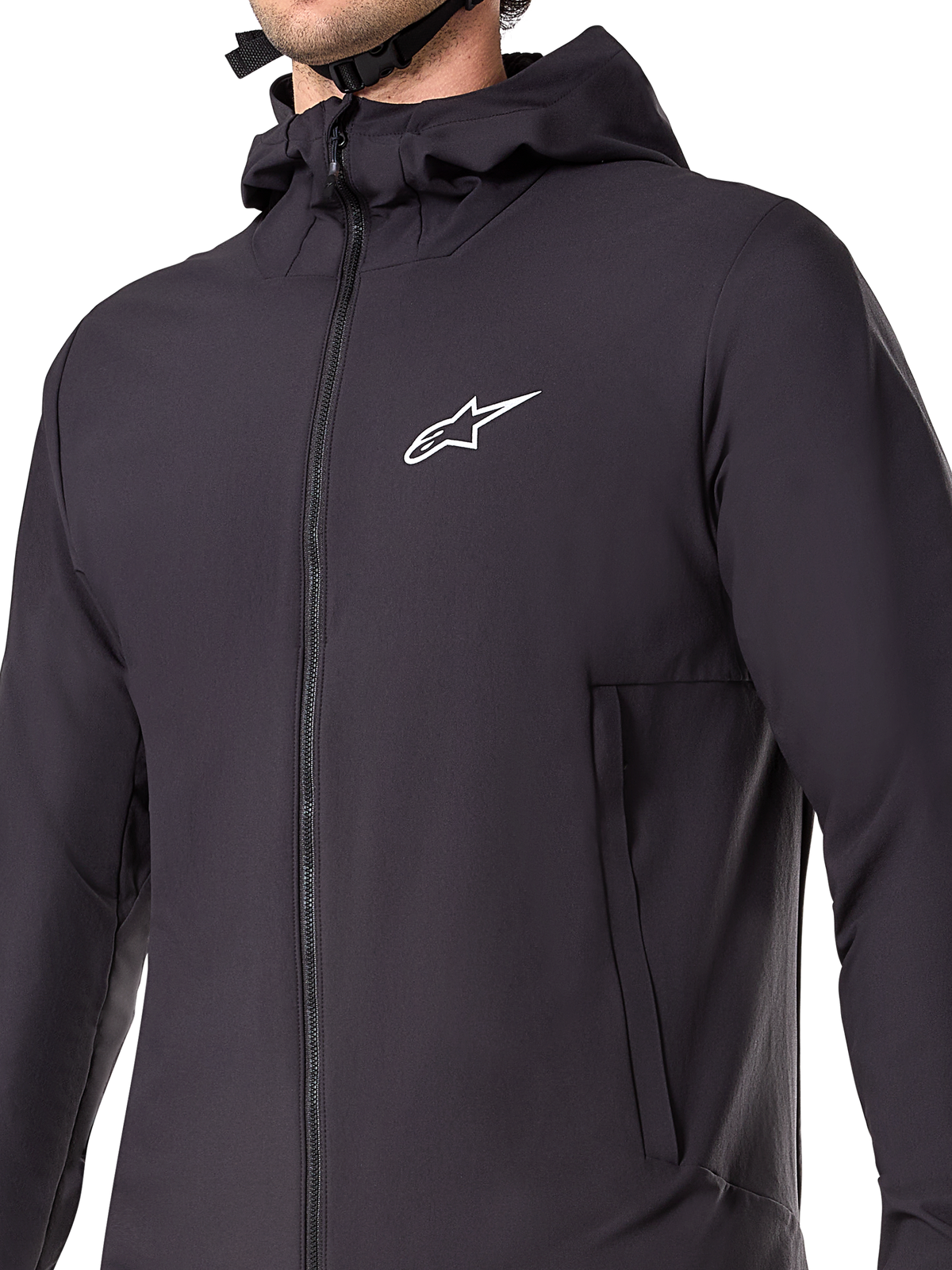 Alpinestars A-Dura Thermal Jacket, Black Mountain Bike Jacket, detail shot of the insulated technical fabric, lightweight and breathable design for cold-weather off-road cycling