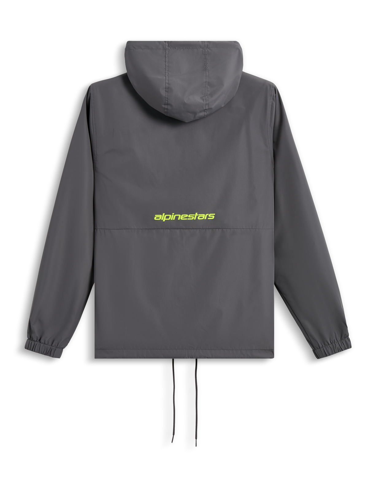 Alpinestars Speeder Chromium Windbreak Jacke, Rückansicht, Anthrazitgrau mit neongelbem Logo auf dem Rücken, Windjacke mit Kapuze, elastischen Bündchen und Saum mit Kordelzug, lässige vom Motorsport inspirierte Streetwear