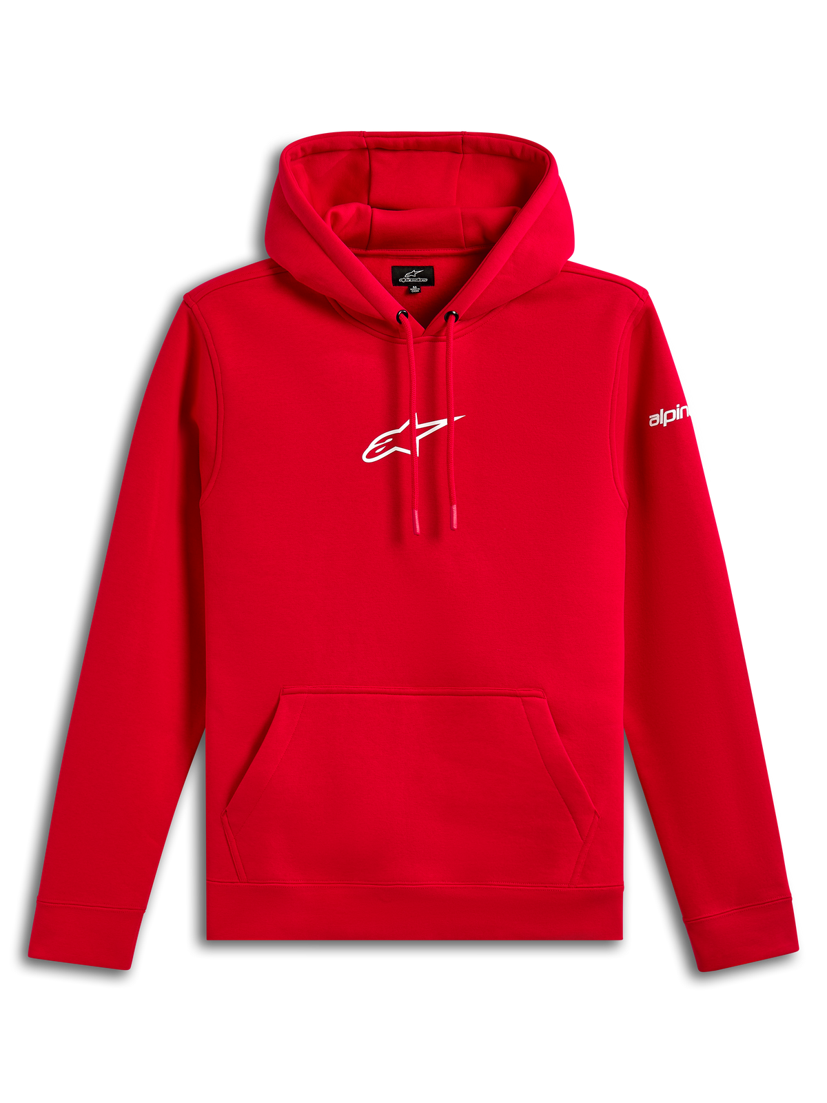 Alpinestars Frontal Hoodie, Fleece-Kapuzenpullover, Rot, weißes Alpinestars Astar-Logo auf der Brust und Wortmarke auf dem Ärmel, Kängurutasche vorne, lässige, vom Motorsport inspirierte Streetwear