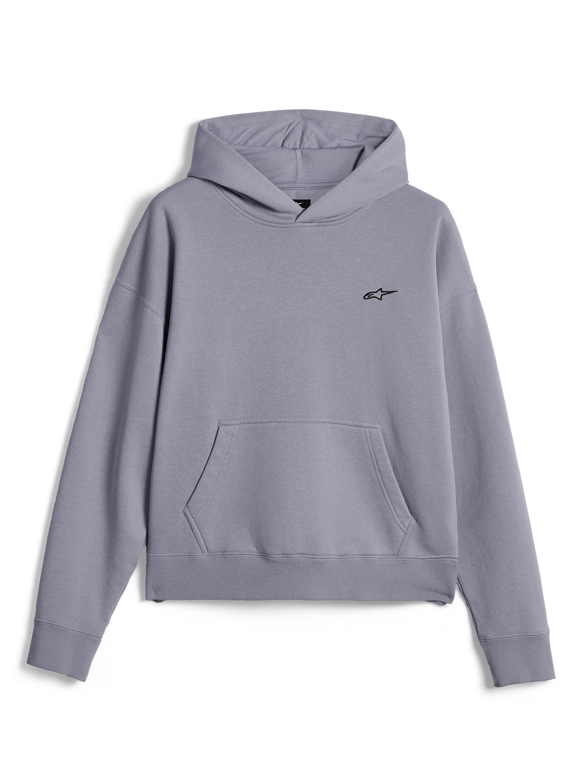 Alpinestars Essentials Ageless Hoodie, lässige Streetwear, silbernes Fleece im Stone-Wash-Finish, kleines schwarzes Astars-Logo auf der Brust, Kängurutasche vorne, Pullover-Design mit Kapuze