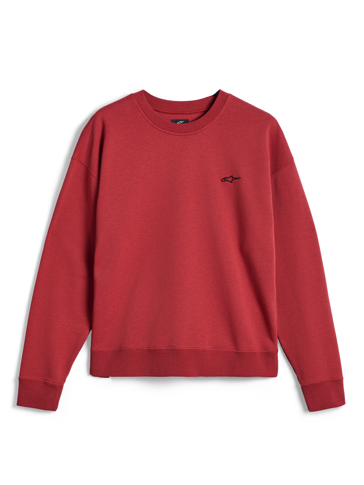 Alpinestars Essentials Ageless Crew, Rundhals-Sweatshirt in Ziegelrot, mit einem kleinen schwarzen Alpinestars-Logo auf der Brust, geripptem Kragen, Bündchen und Saum, lässiges Premium-Sportswear-Fleece.