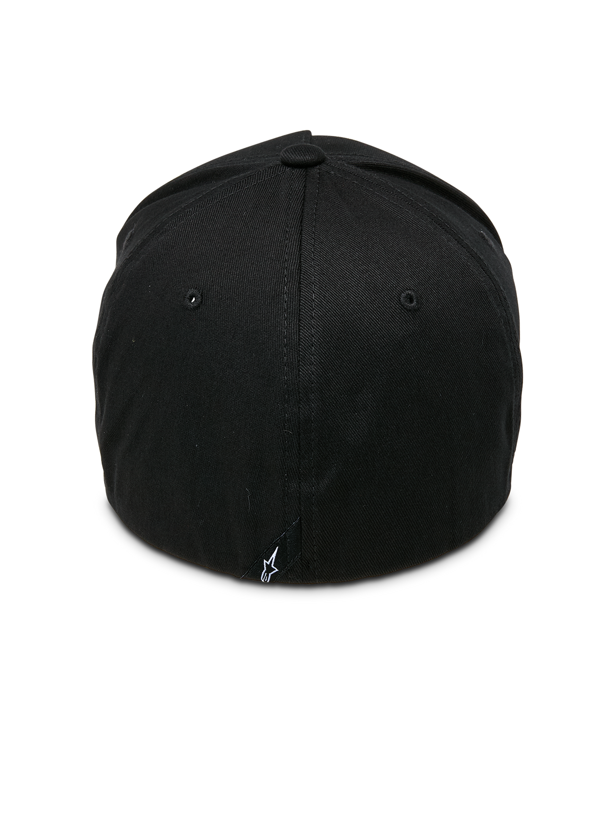 Alpinestars Ride Sonic Hat, Black and White, rear view featuring structured crown and flex-back construction, small white star logo tag, casual motorsport-inspired headwear