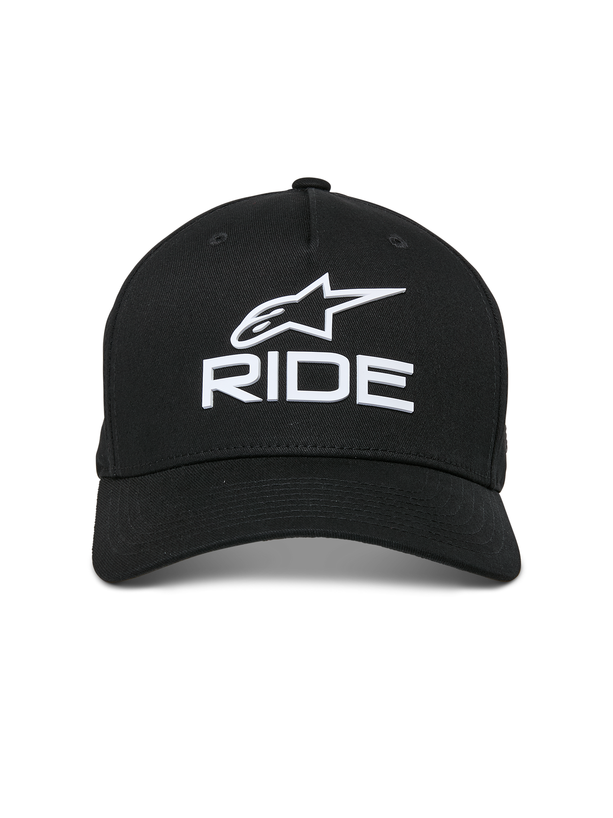 Alpinestars Ride Sonic Hat, Black, features white 3D embroidered logo with the Alpinestars star and 'RIDE' lettering, curved bill, structured crown, casual motorsport-inspired streetwear