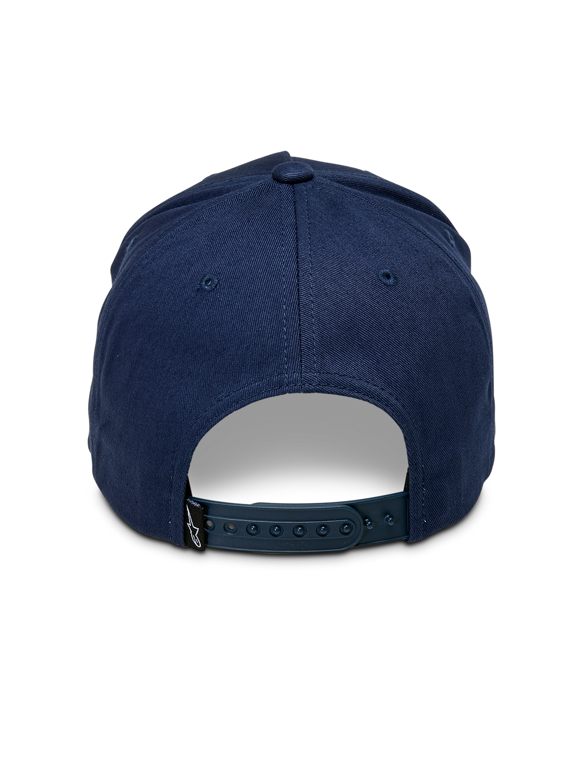 Alpinestars Ascension Snapback Hat, Navy Blue, back view showing adjustable snap closure and structured crown, small black Astars logo tag, casual motorsport streetwear