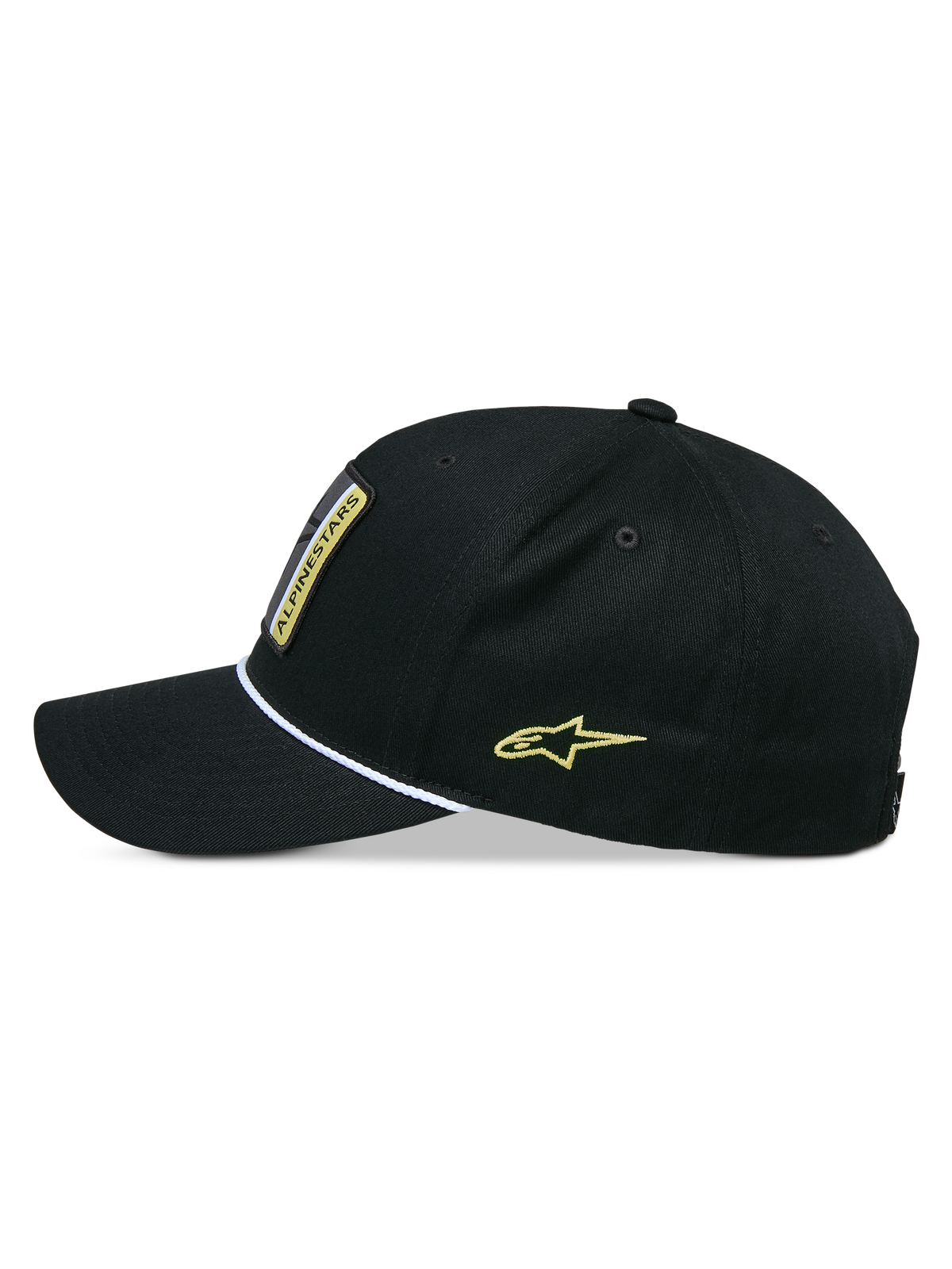 Alpinestars Specific Snapback Hat, Snapback-Kappe, Schwarz, Seitenansicht mit gebogenem Schirm und weißem geflochtenem Seilbesatz, gelbe Astars-Logo-Stickerei an der Seite, strukturierte Krone, lässige Kopfbedeckung