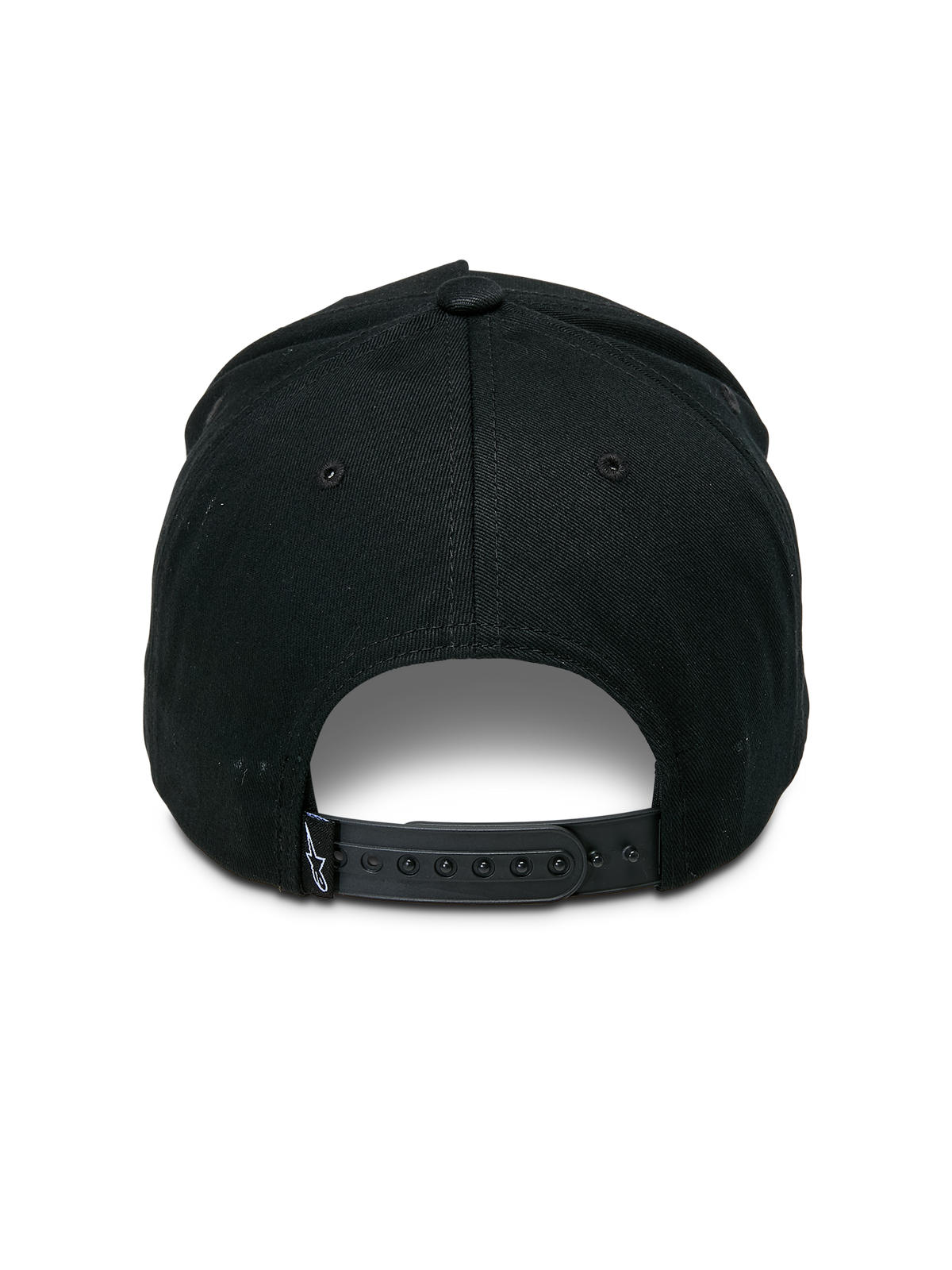 Alpinestars Specific Snapback Mütze, Schwarz, Rückansicht mit verstellbarem Snapback-Verschluss aus Kunststoff, kleines weißes Astars-Logo auf dem rückseitigen Etikett, strukturierte Krone, lässige Motorsport-Kopfbedeckung
