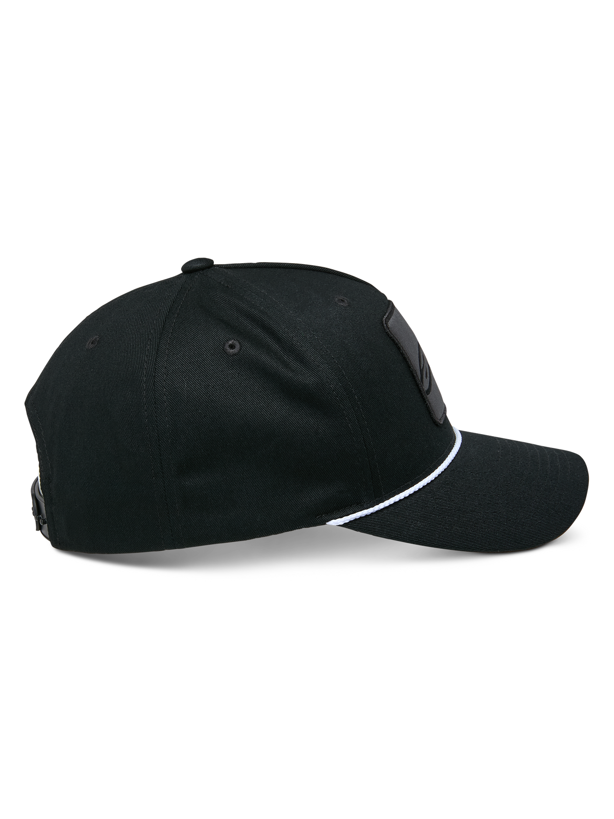 Alpinestars Specific Snapback Mütze, Schwarz, Seitenprofil mit gebogenem Schirm und weißem geflochtenem Seilbesatz, strukturierte Krone, lässige Motorsport-Kopfbedeckung