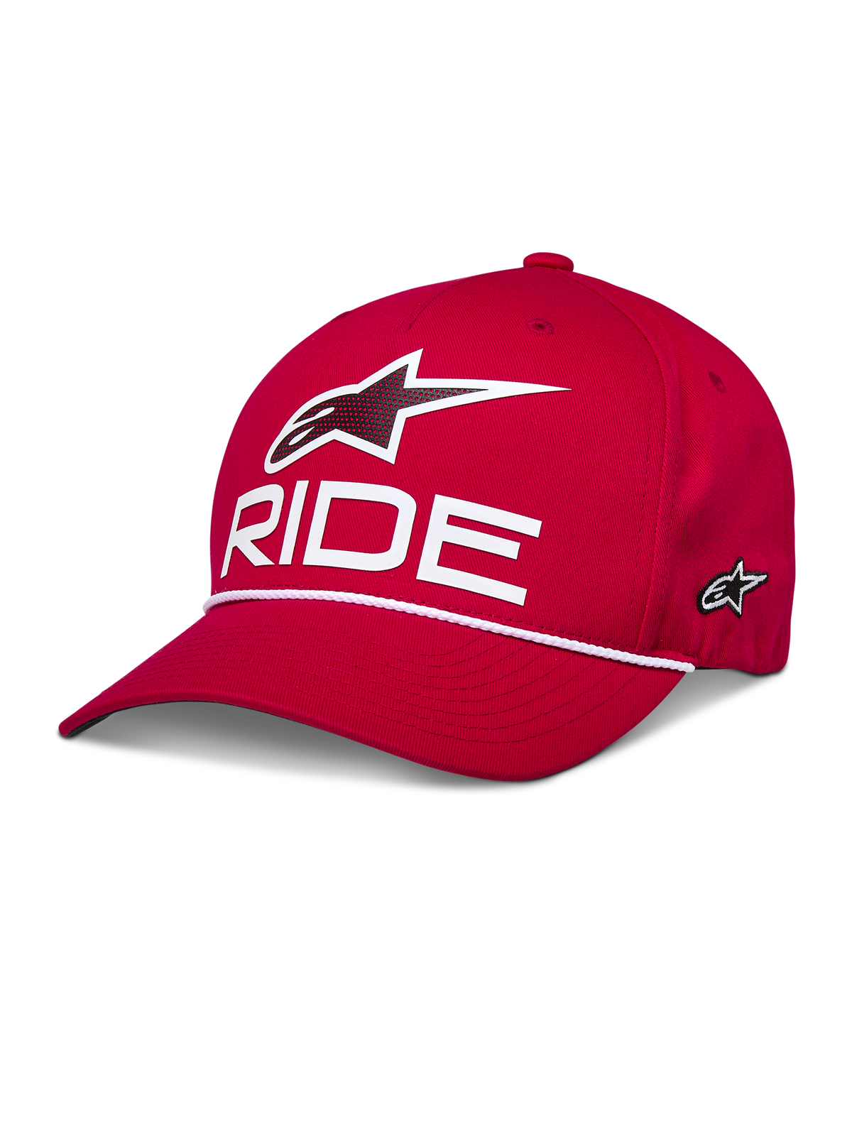 Alpinestars Ride Comp Snapback Hat, Red, Featuring White 3D Astars Logo and RIDE Text, Curved Bill with White Braided Rope Trim, Structured Crown, Casual Sportswear