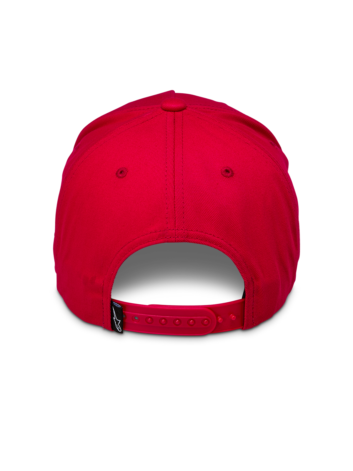 Alpinestars Ride Comp Snapback Hat, Red, back view featuring an adjustable red snapback closure and a small black woven tag with white logo, structured crown, casual headwear