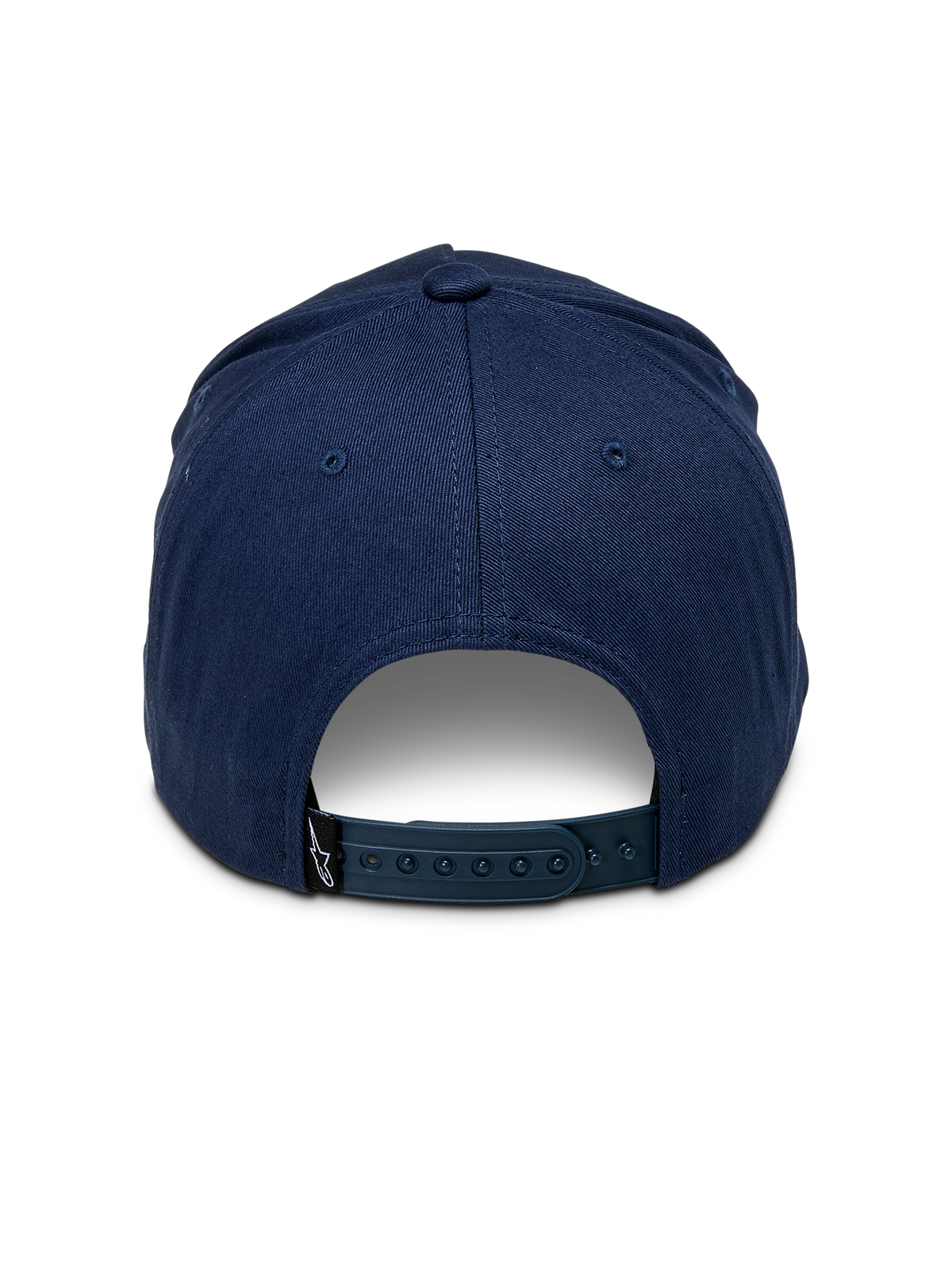 Alpinestars Ride Comp Snapback Mütze, Dunkelblau, Rückansicht mit verstellbarem Snapback-Verschluss aus Kunststoff, kleines schwarzes Logo-Etikett, strukturierte Krone aus Baumwolltwill, lässige, vom Motorsport inspirierte Kopfbedeckung