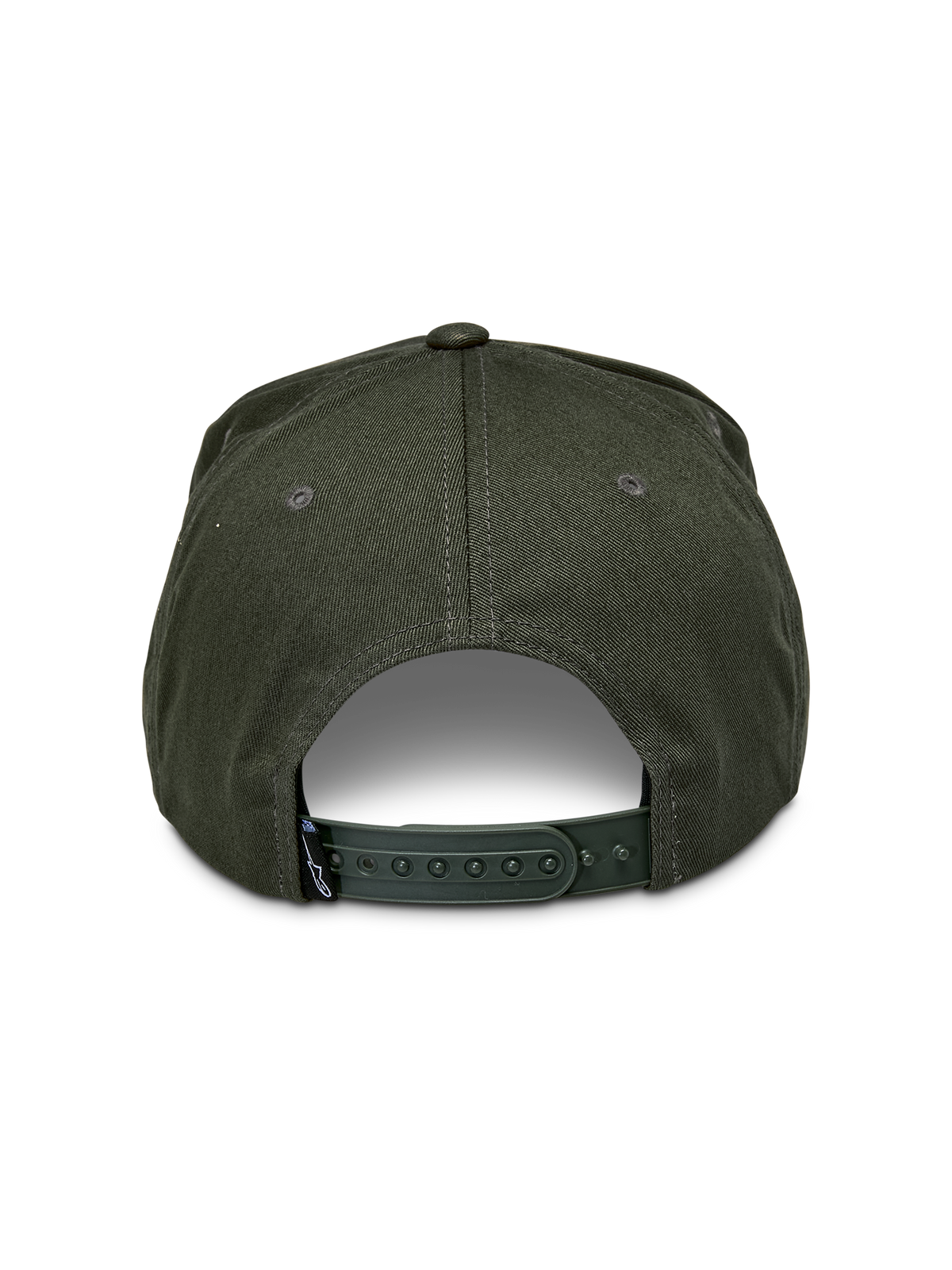 Alpinestars Promptus Snapback Mütze, Military Green, Rückansicht mit verstellbarem Snapback-Verschluss und Baumwolltwill-Gewebe, kleines schwarzes Markenlabel, lässige, vom Motorsport inspirierte Kopfbedeckung