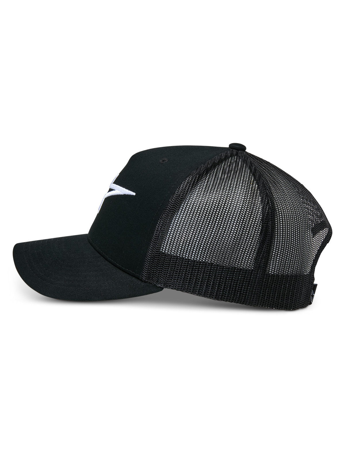 Alpinestars Ageless Trucker Hat, Black, side profile view, structured cotton twill front with white embroidered Astars logo, breathable black mesh back, curved bill, casual motorsport headwear