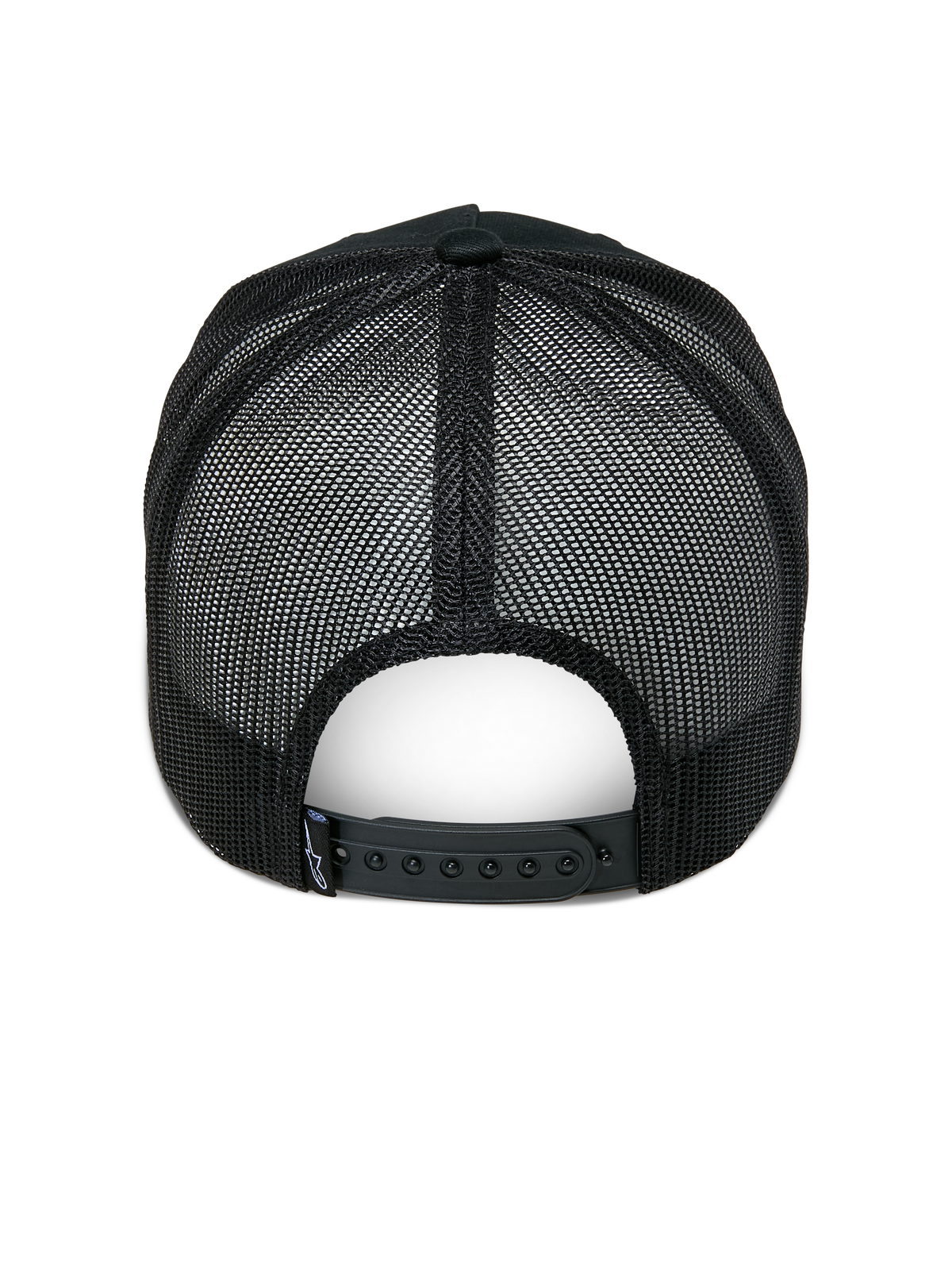 Alpinestars Ageless Trucker Hat, Black, Rear View, featuring black mesh back panels, adjustable snapback closure, and small Astars logo label on the back, casual motorsport-inspired headwear