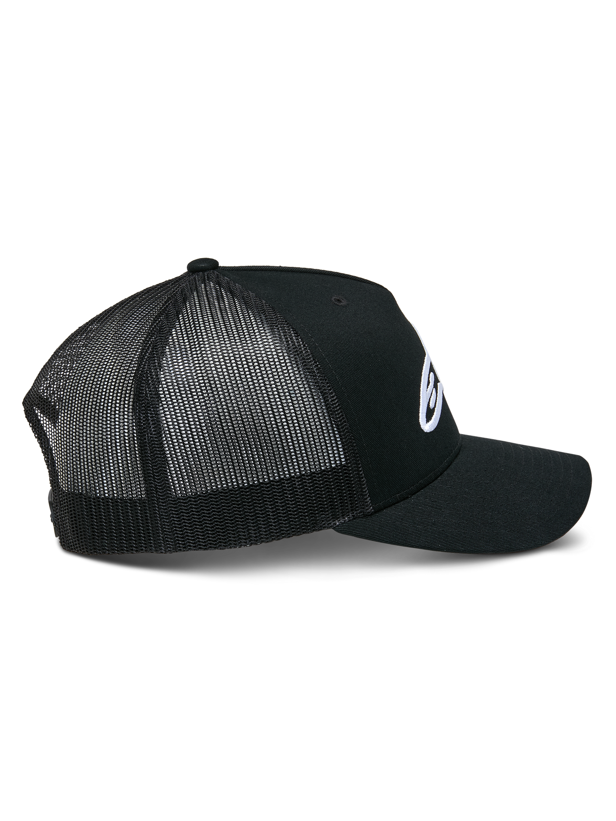 Alpinestars Ageless Trucker Hat, Black, side view showing structured crown and white embroidered Astars logo, curved bill, and breathable black poly mesh back panels.